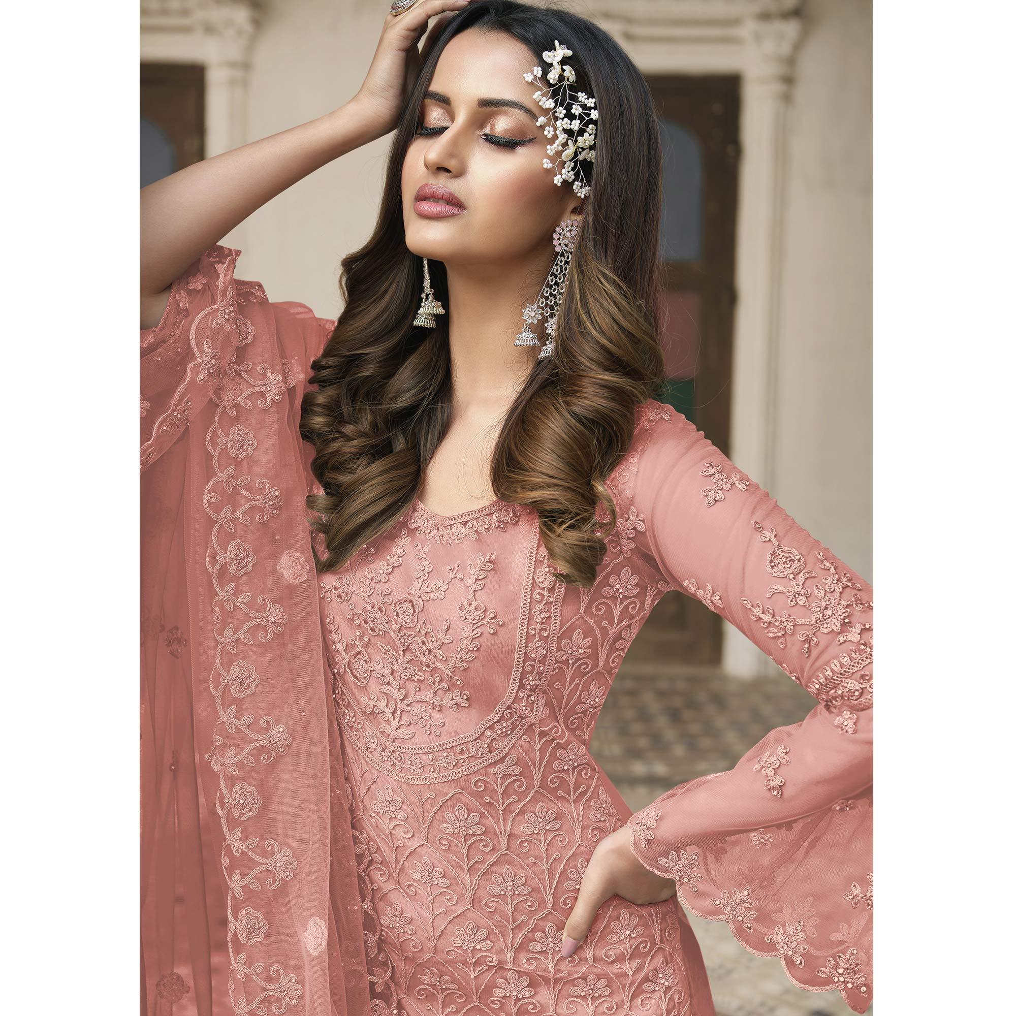 Peach Embroidered With Embellished Net Palazzo Suit - Peachmode