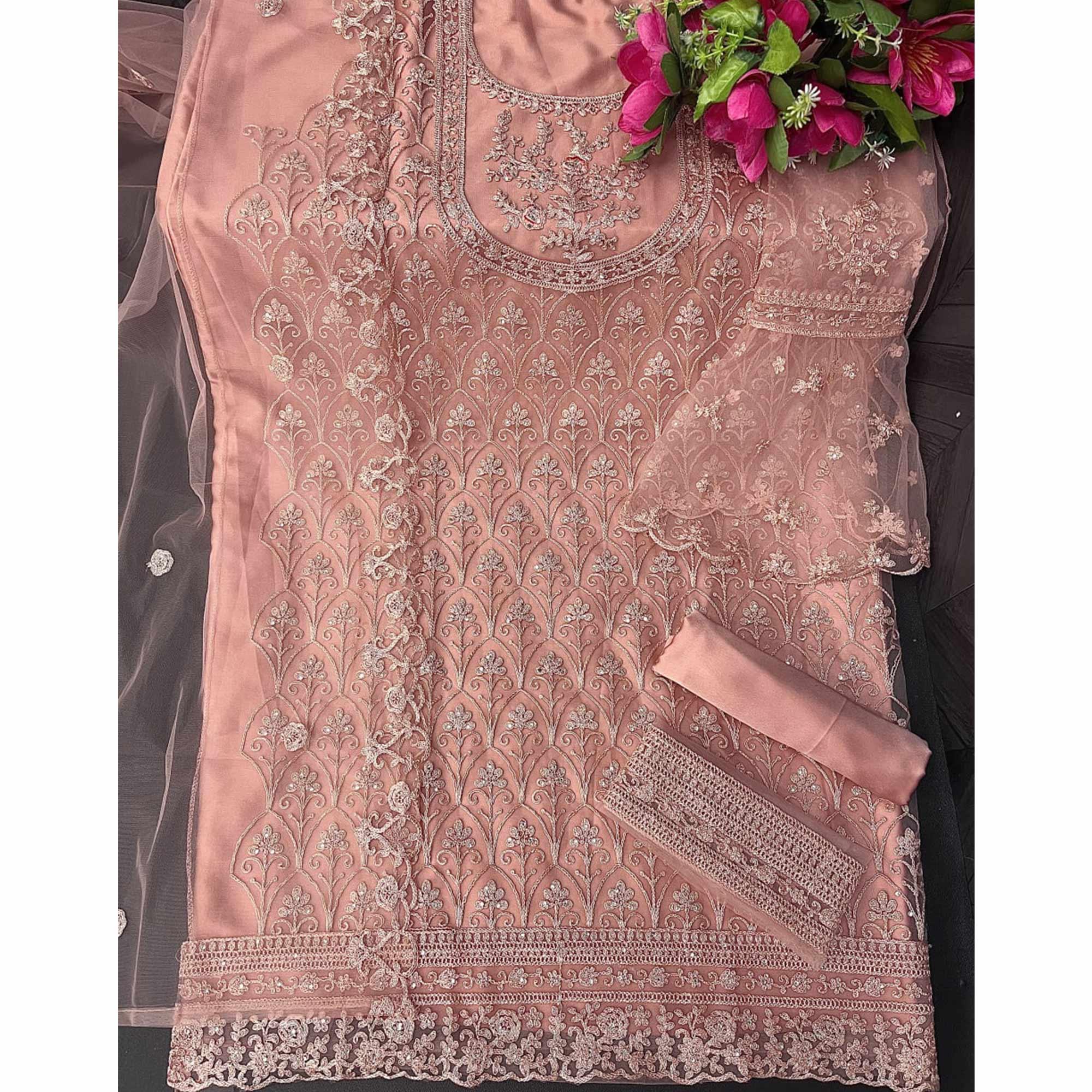 Peach Embroidered With Embellished Net Palazzo Suit - Peachmode