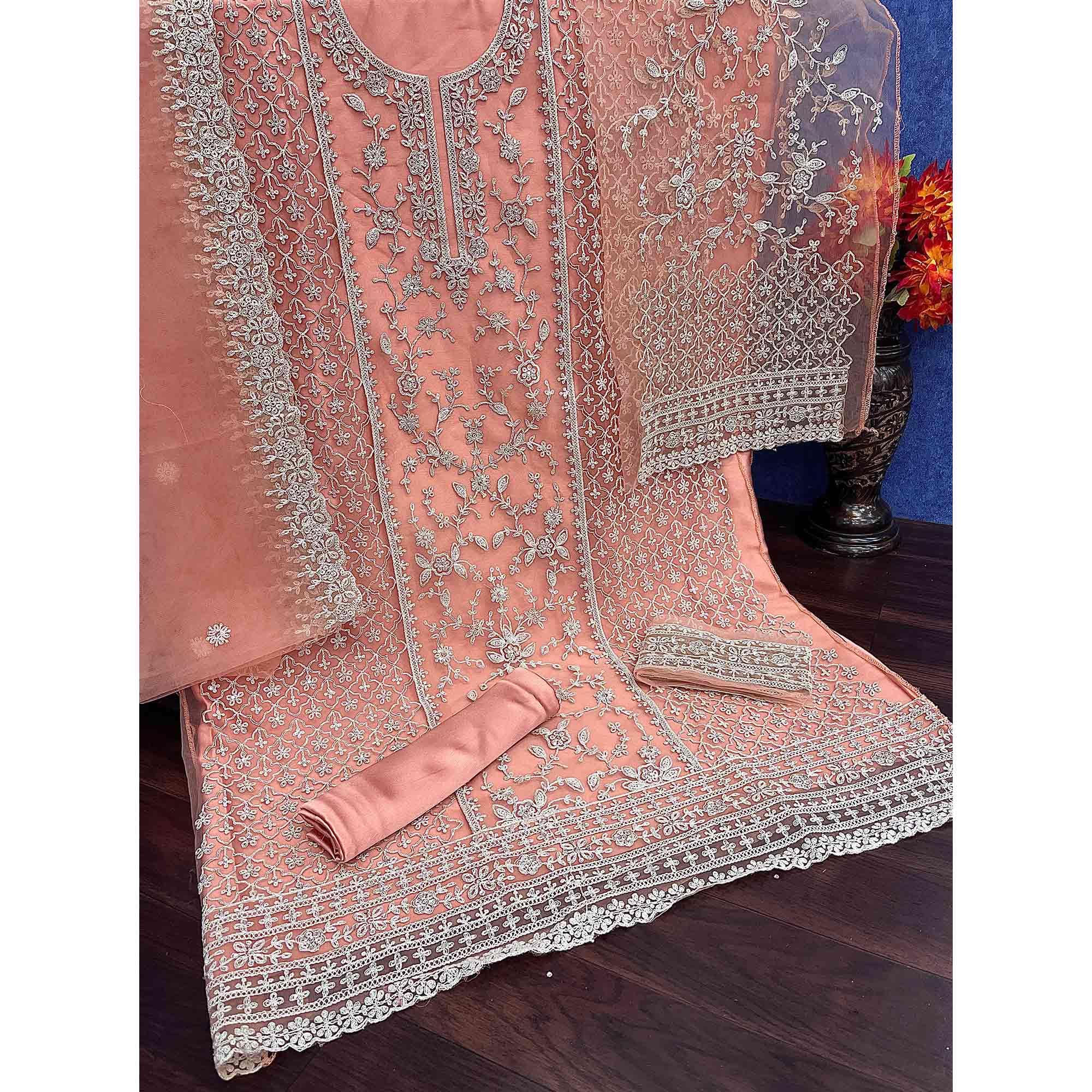 Peach Embroidered With Embellished Net Palazzo Suit - Peachmode