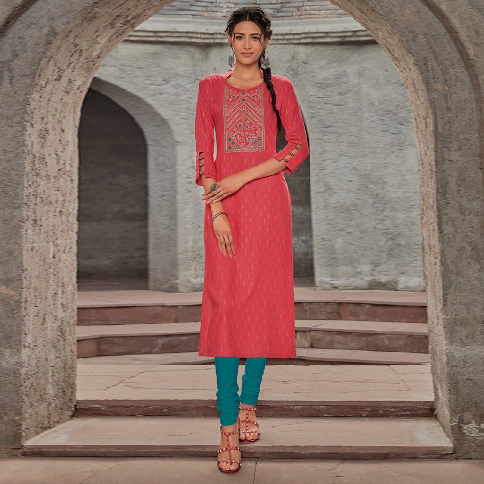 Peach Embroidered With Embellished Pure Cotton Kurti - Peachmode