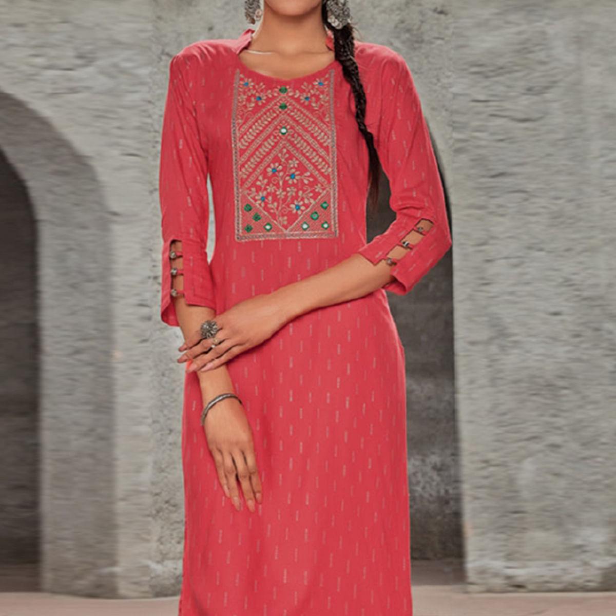 Peach Embroidered With Embellished Pure Cotton Kurti - Peachmode