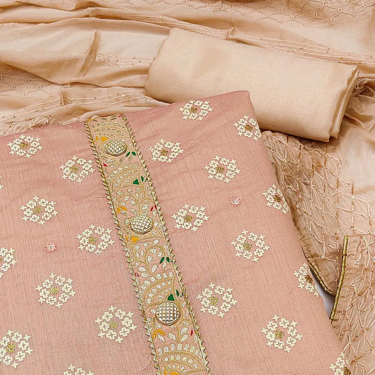 Peach Embroidered With Mirror Work Chanderi Dress Material - Peachmode