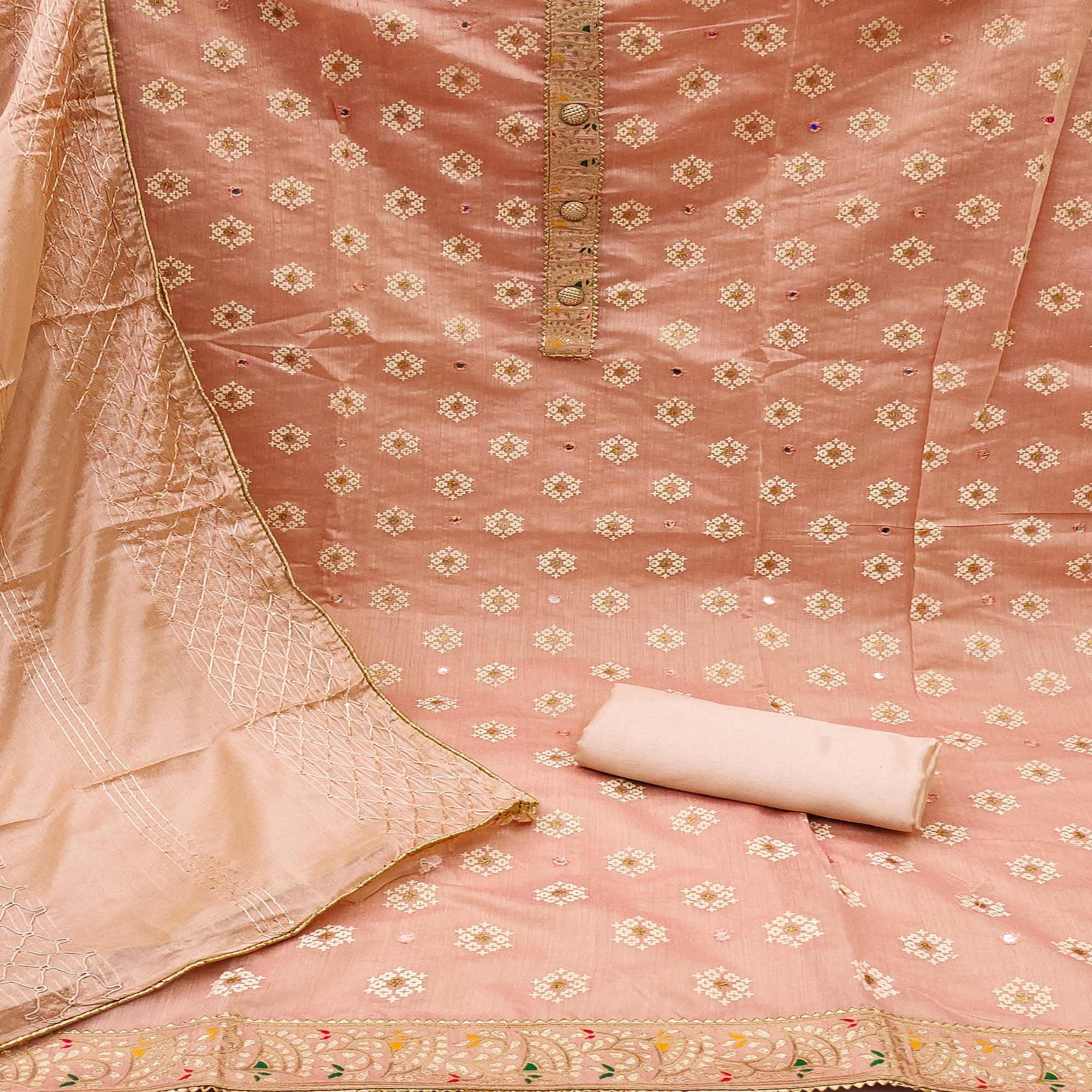 Peach Embroidered With Mirror Work Chanderi Dress Material - Peachmode
