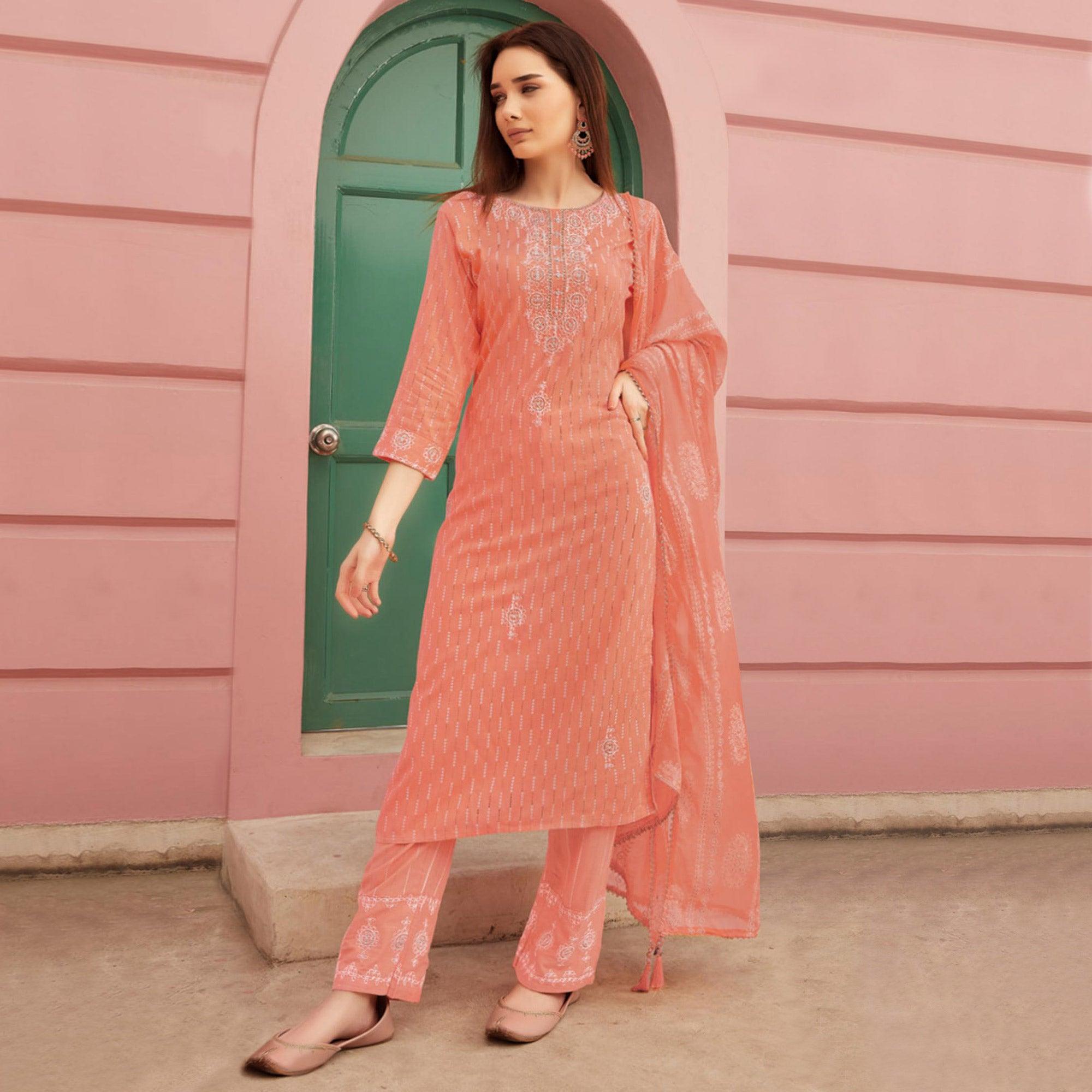 Peach Embroidery With Printed Pure Cotton Kurti Pant Set - Peachmode