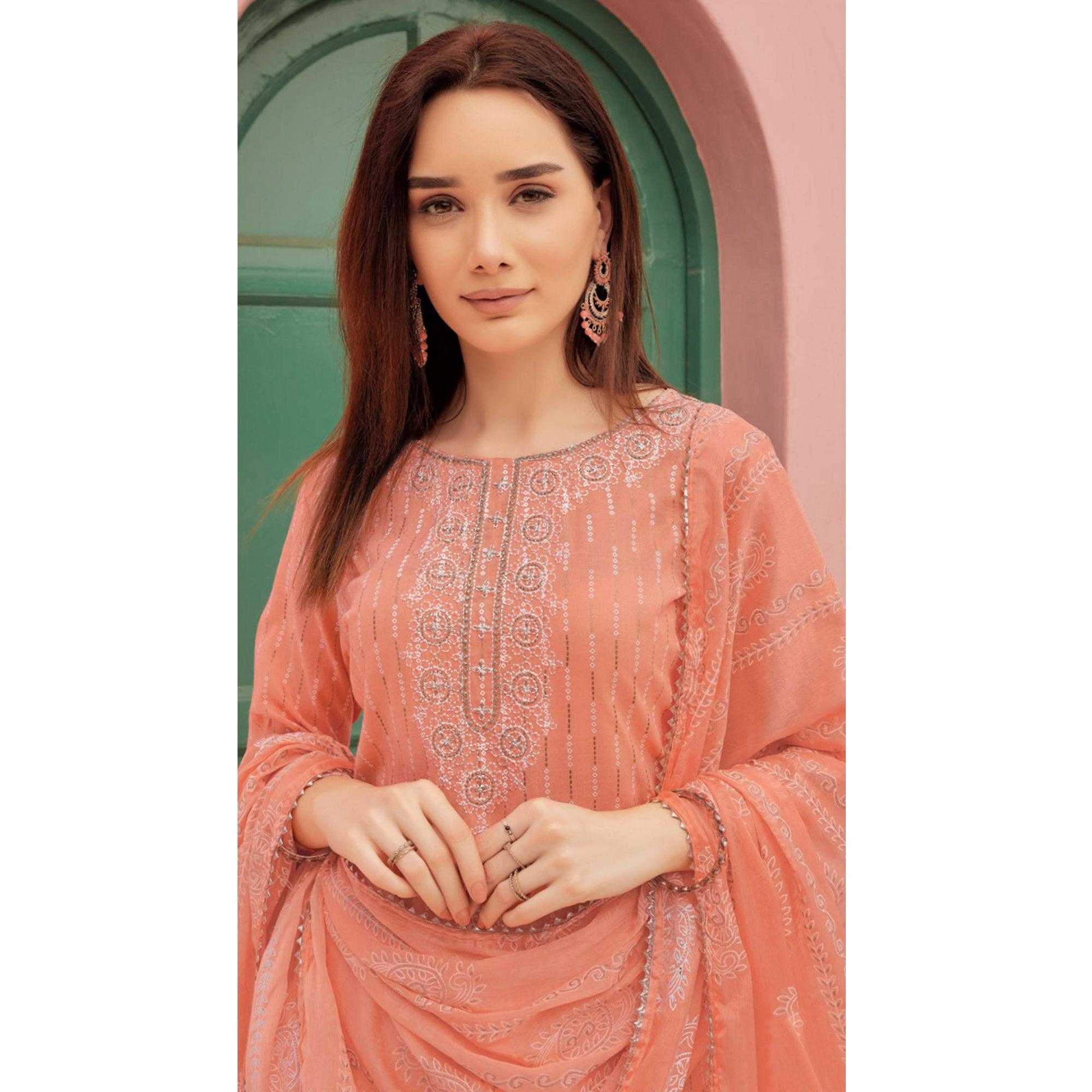 Peach Embroidery With Printed Pure Cotton Kurti Pant Set - Peachmode