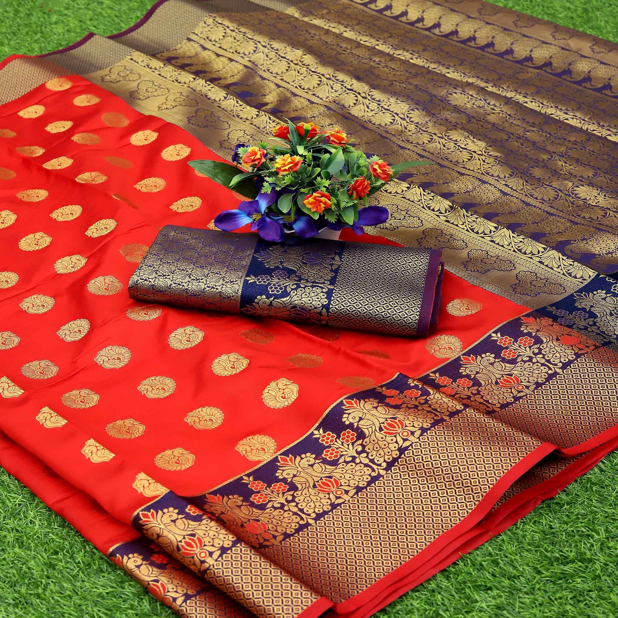 Peach Festive Embroidered Kota Banarasi Art Silk Saree - Peachmode