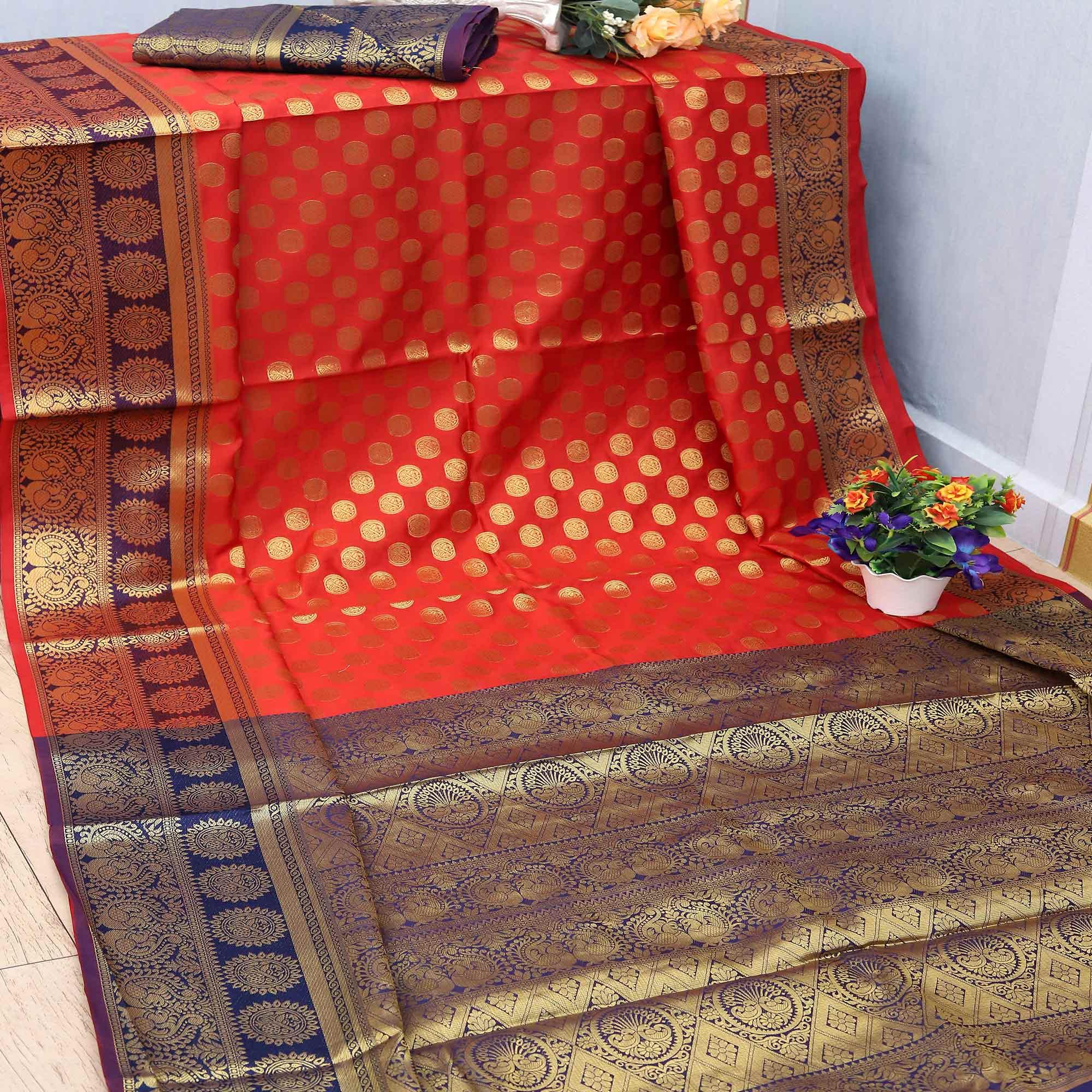 Peach Festive Embroidered Kota Banarasi Art Silk Saree - Peachmode
