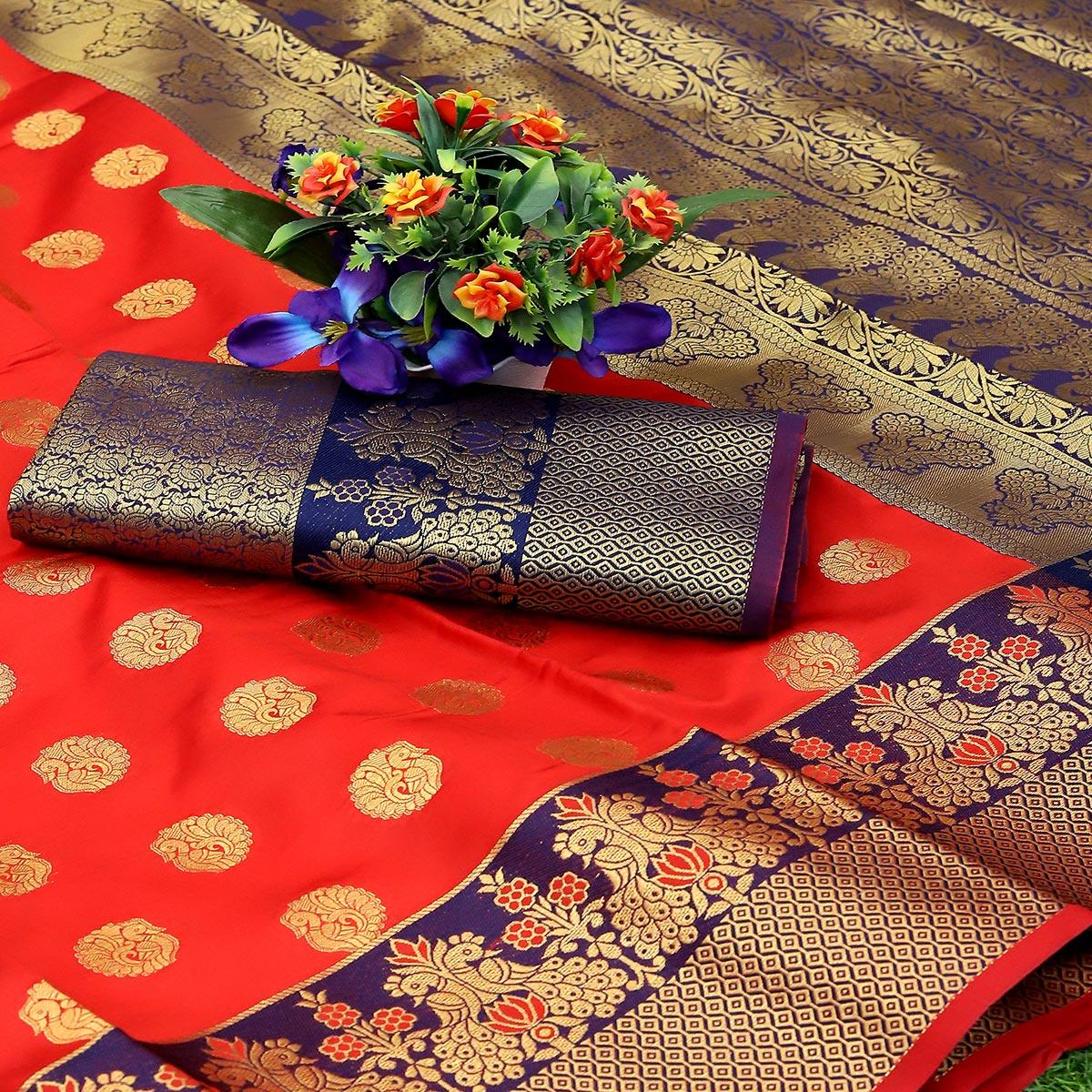Peach Festive Embroidered Kota Banarasi Art Silk Saree - Peachmode