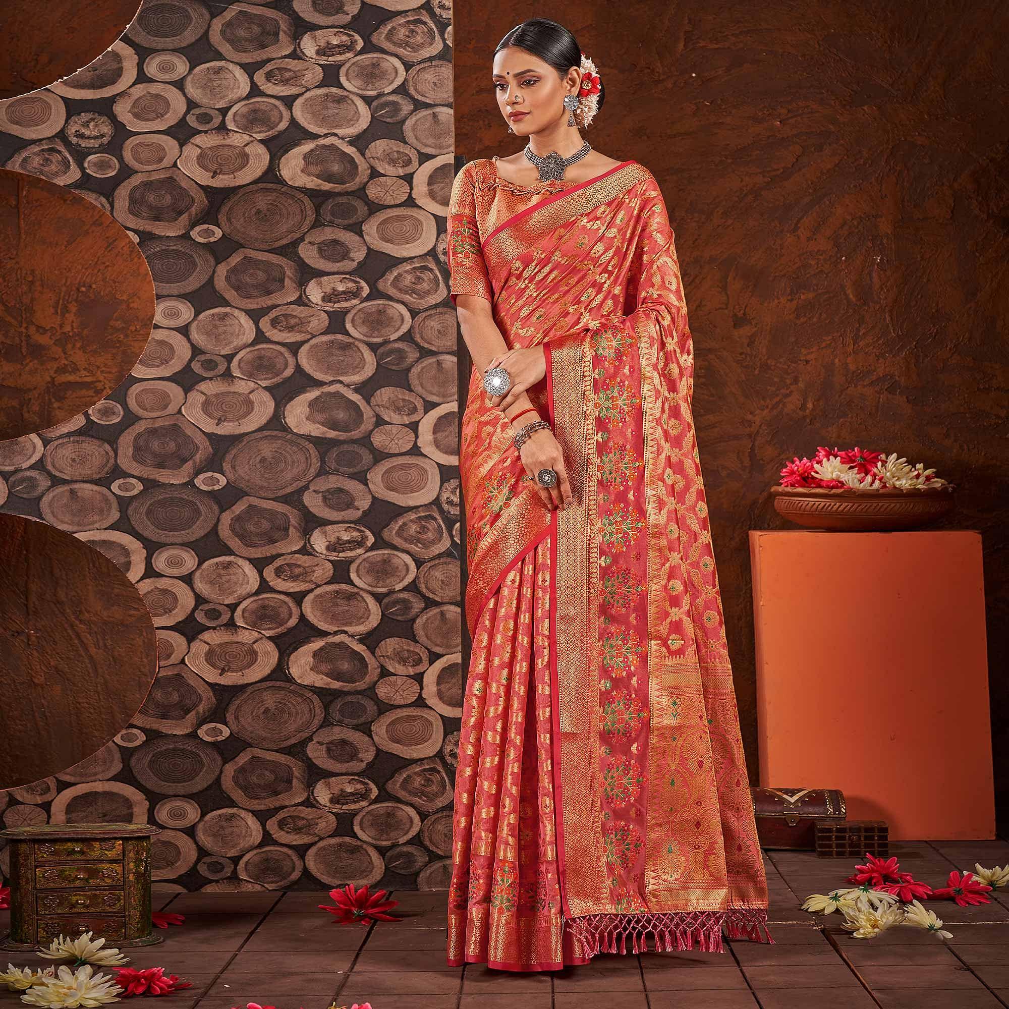 Peach Festive Wear Banarasi Woven Organza Saree - Peachmode