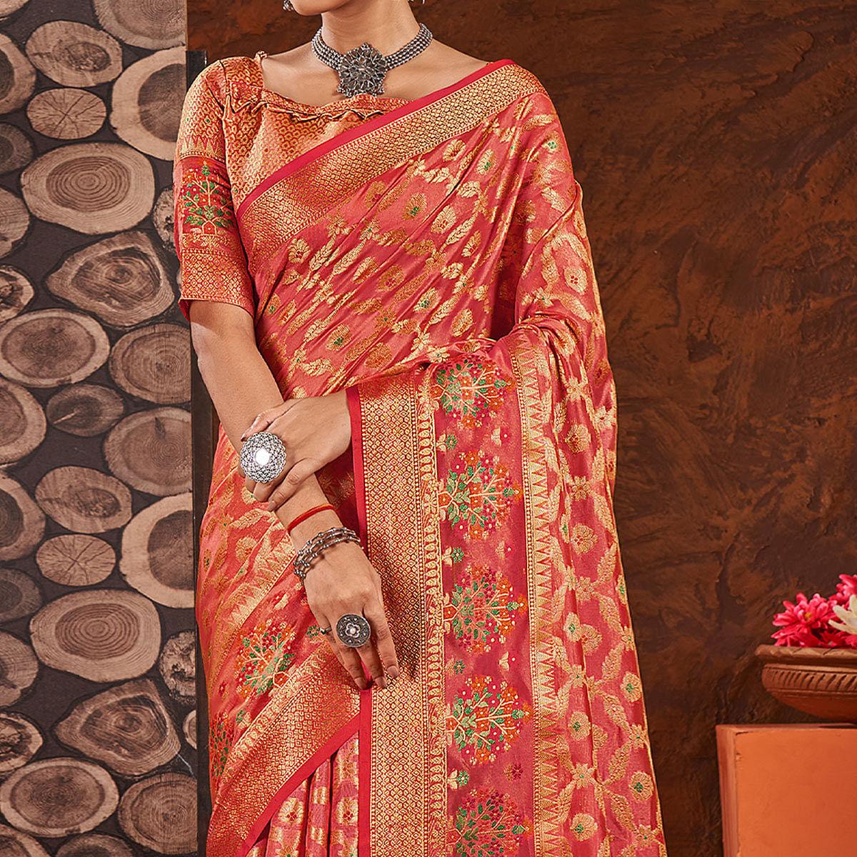 Peach Festive Wear Banarasi Woven Organza Saree - Peachmode