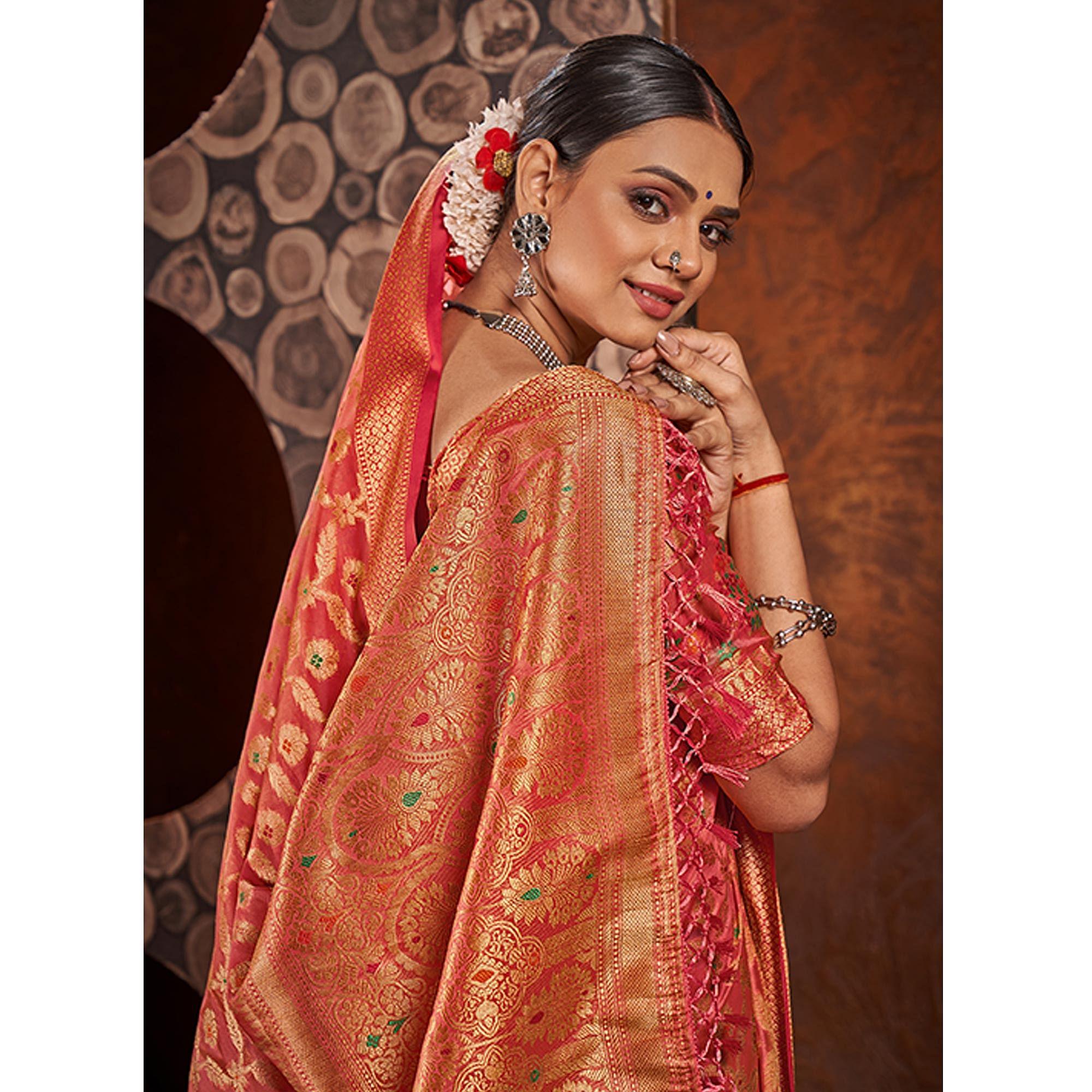 Peach Festive Wear Banarasi Woven Organza Saree - Peachmode