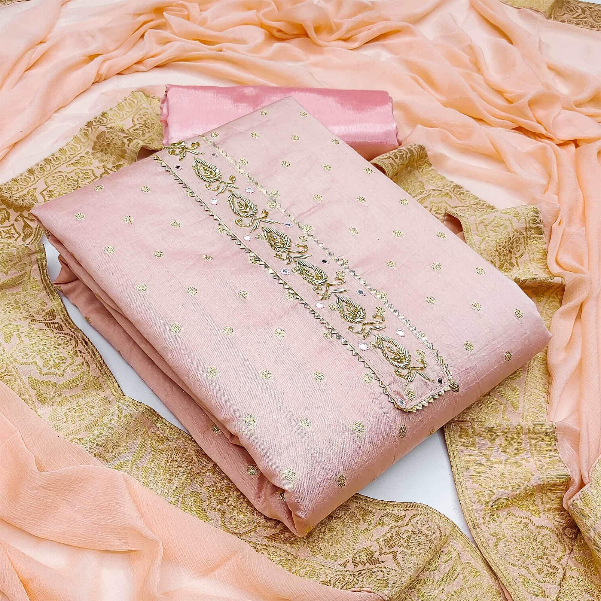 Peach Festive Wear Butti With Zardosi Work Banarasi Silk Dress Material - Peachmode