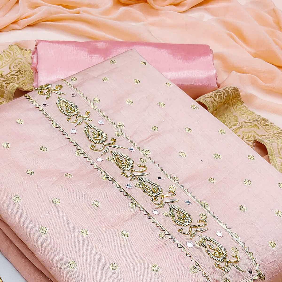 Peach Festive Wear Butti With Zardosi Work Banarasi Silk Dress Material - Peachmode