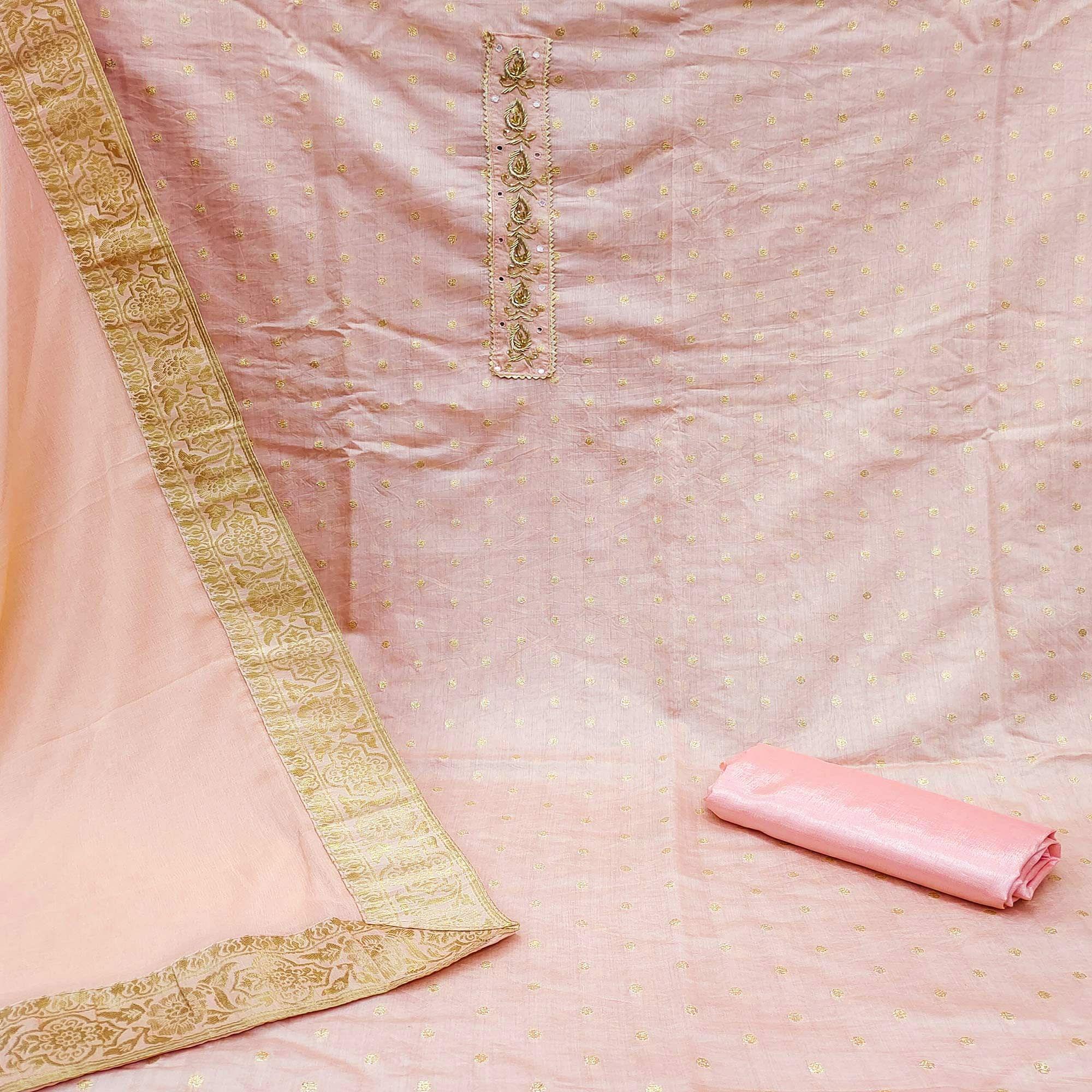Peach Festive Wear Butti With Zardosi Work Banarasi Silk Dress Material - Peachmode