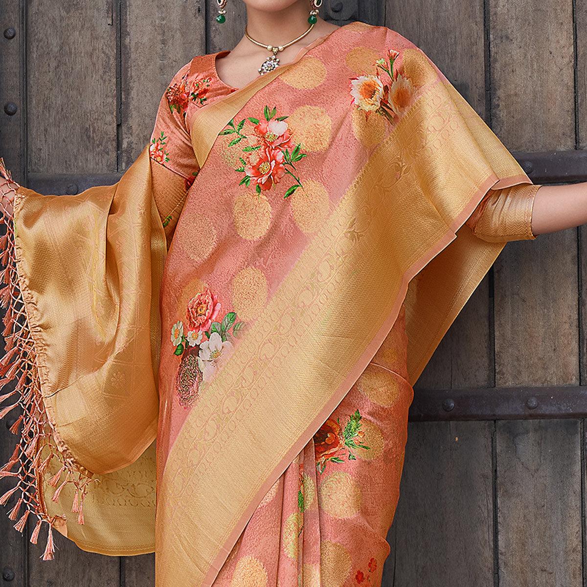 Peach Festive Wear Digital Printed Jacquard Silk Saree - Peachmode