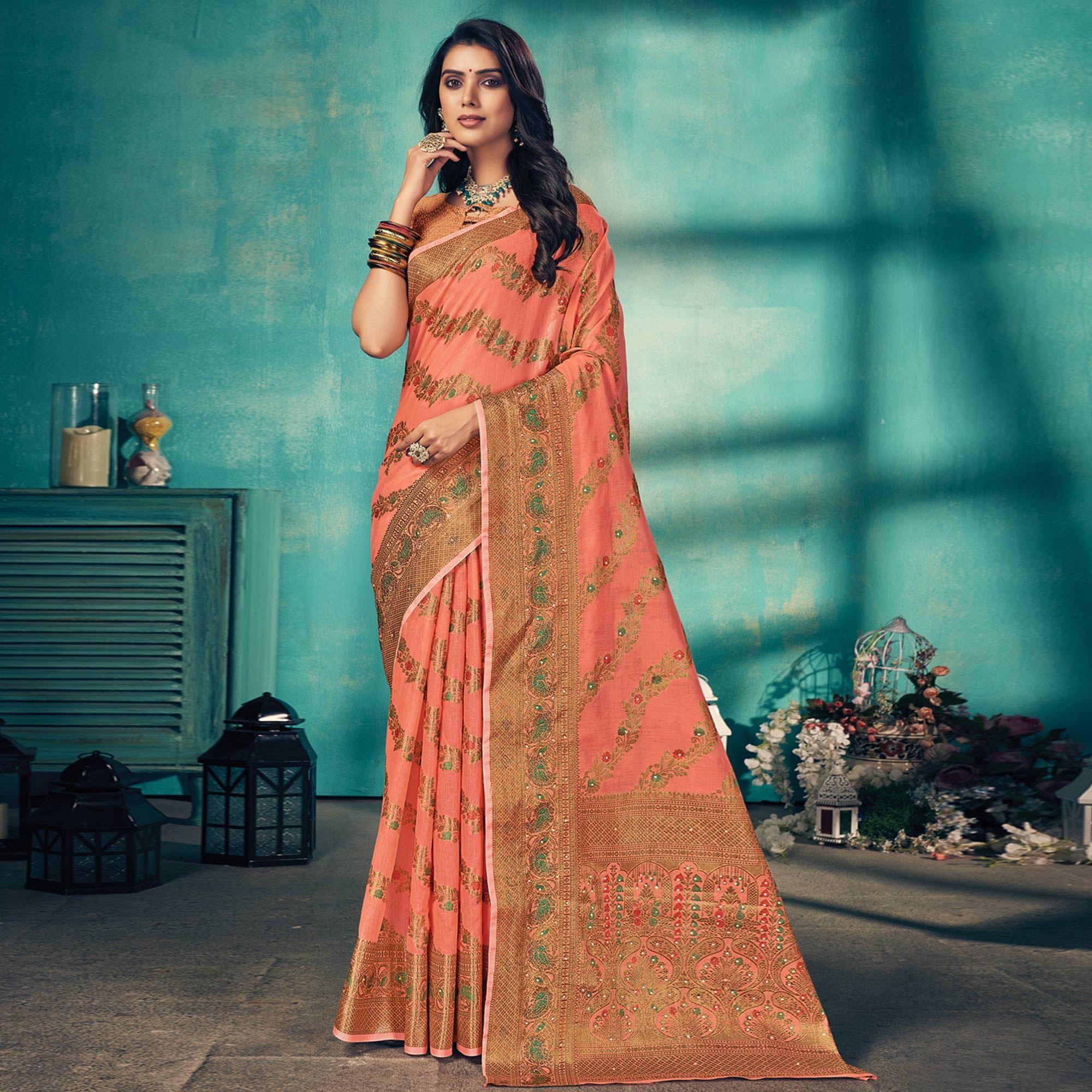 Peach Festive Wear Embellished Cotton Saree - Peachmode