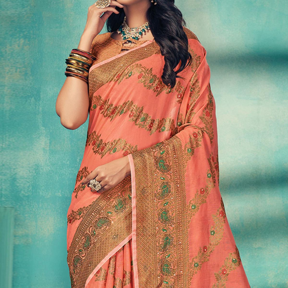 Peach Festive Wear Embellished Cotton Saree - Peachmode
