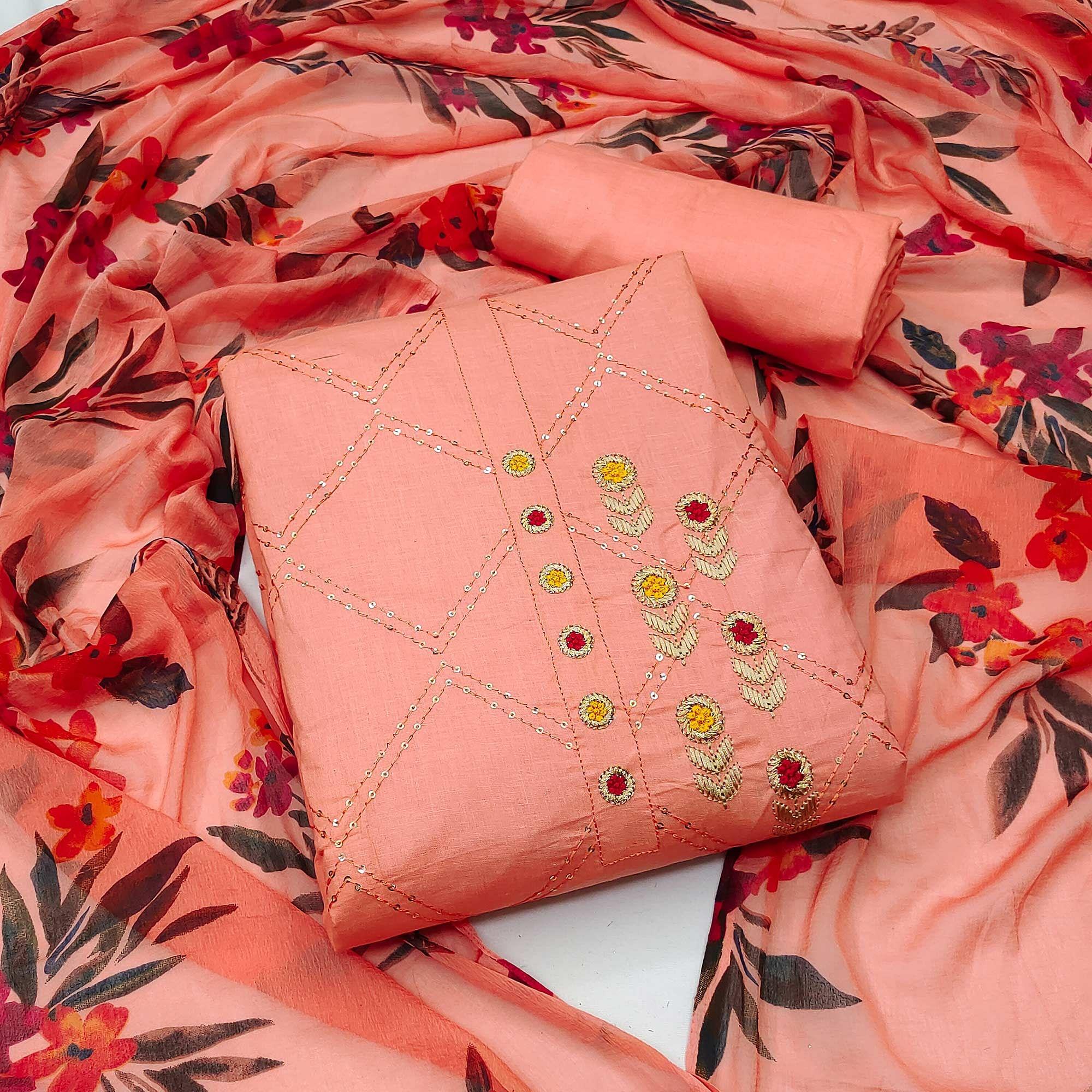 Peach Festive Wear Embellished With Embroidered Cotton Dress Material - Peachmode