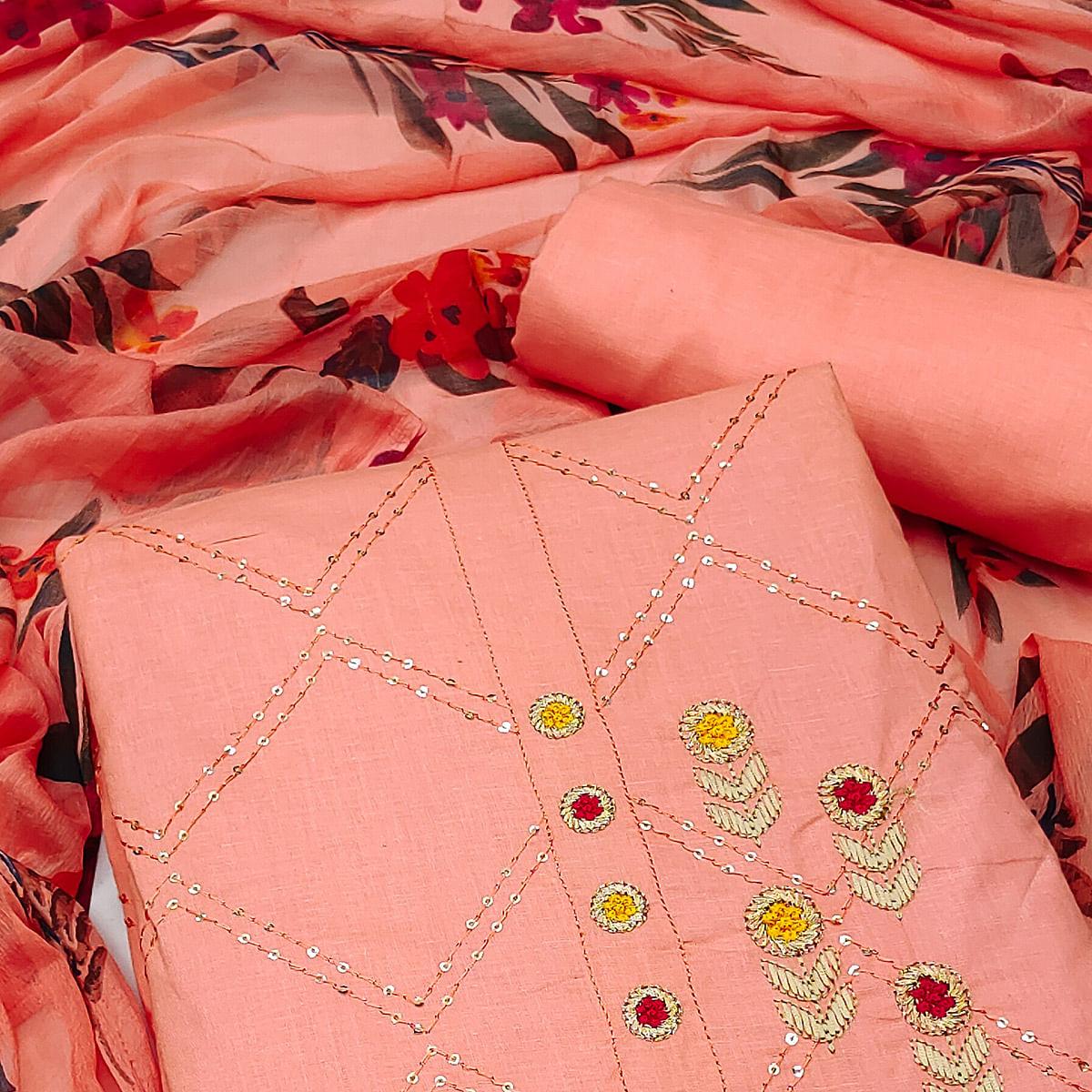 Peach Festive Wear Embellished With Embroidered Cotton Dress Material - Peachmode