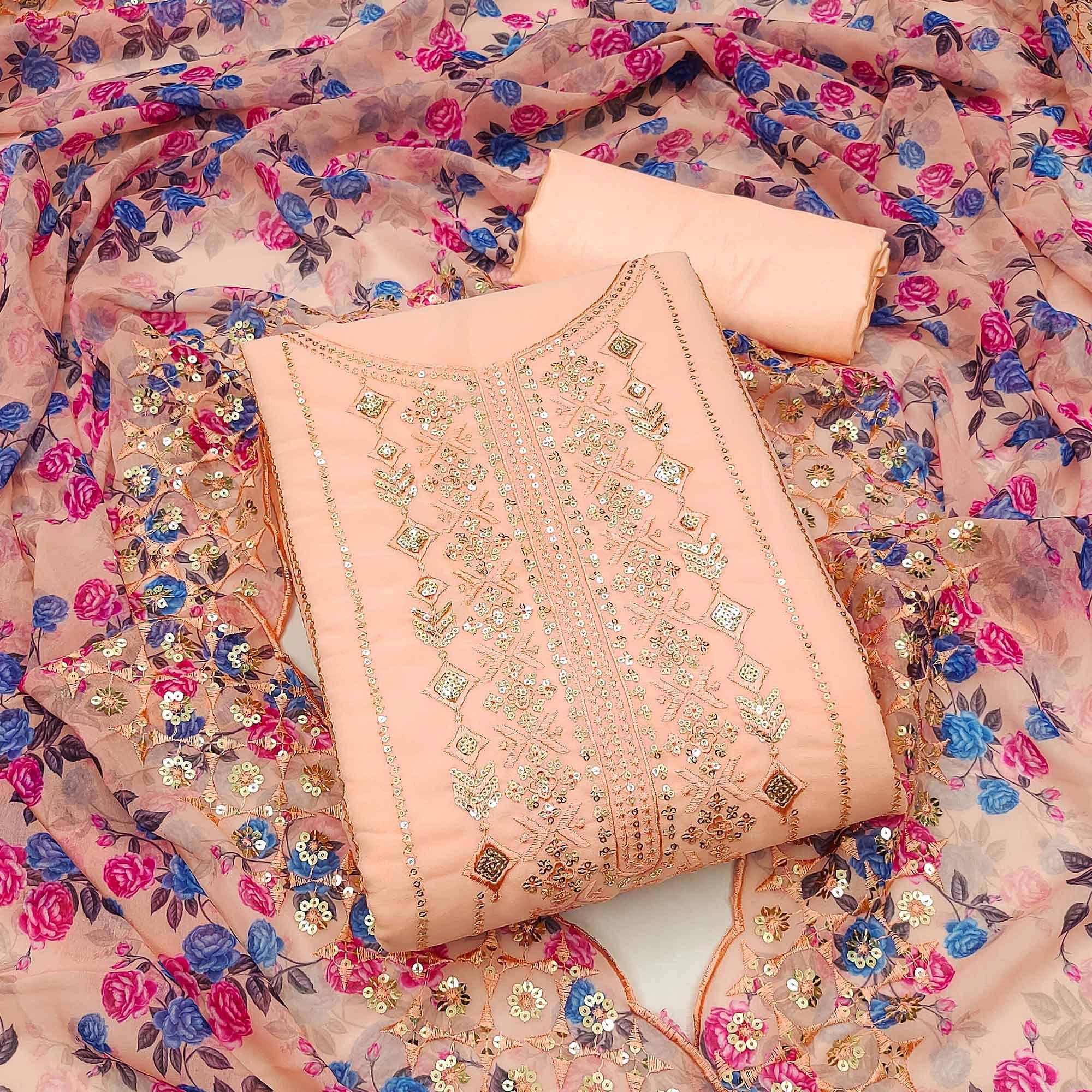 Peach Festive Wear Embellished With Embroidered Georgette Dress Material - Peachmode
