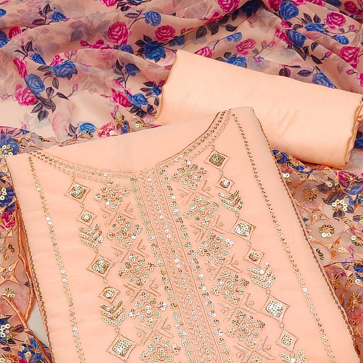 Peach Festive Wear Embellished With Embroidered Georgette Dress Material - Peachmode