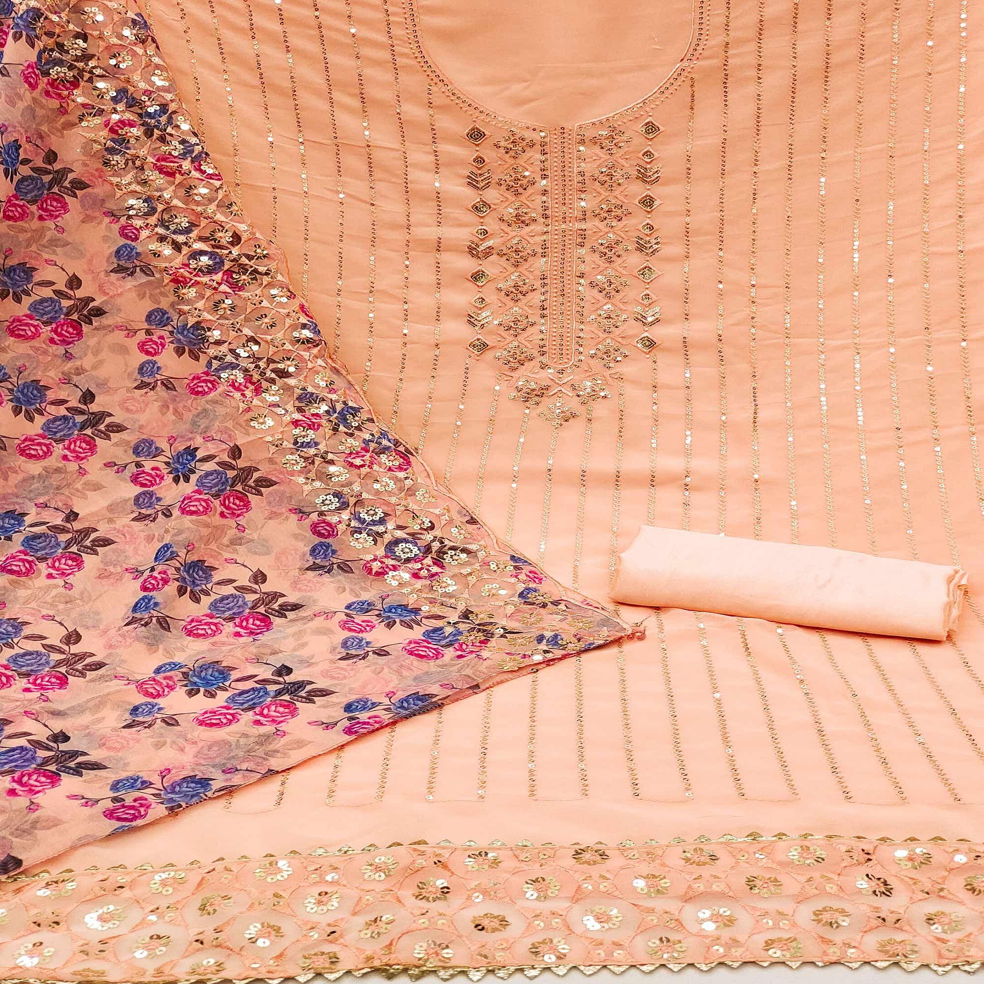 Peach Festive Wear Embellished With Embroidered Georgette Dress Material - Peachmode