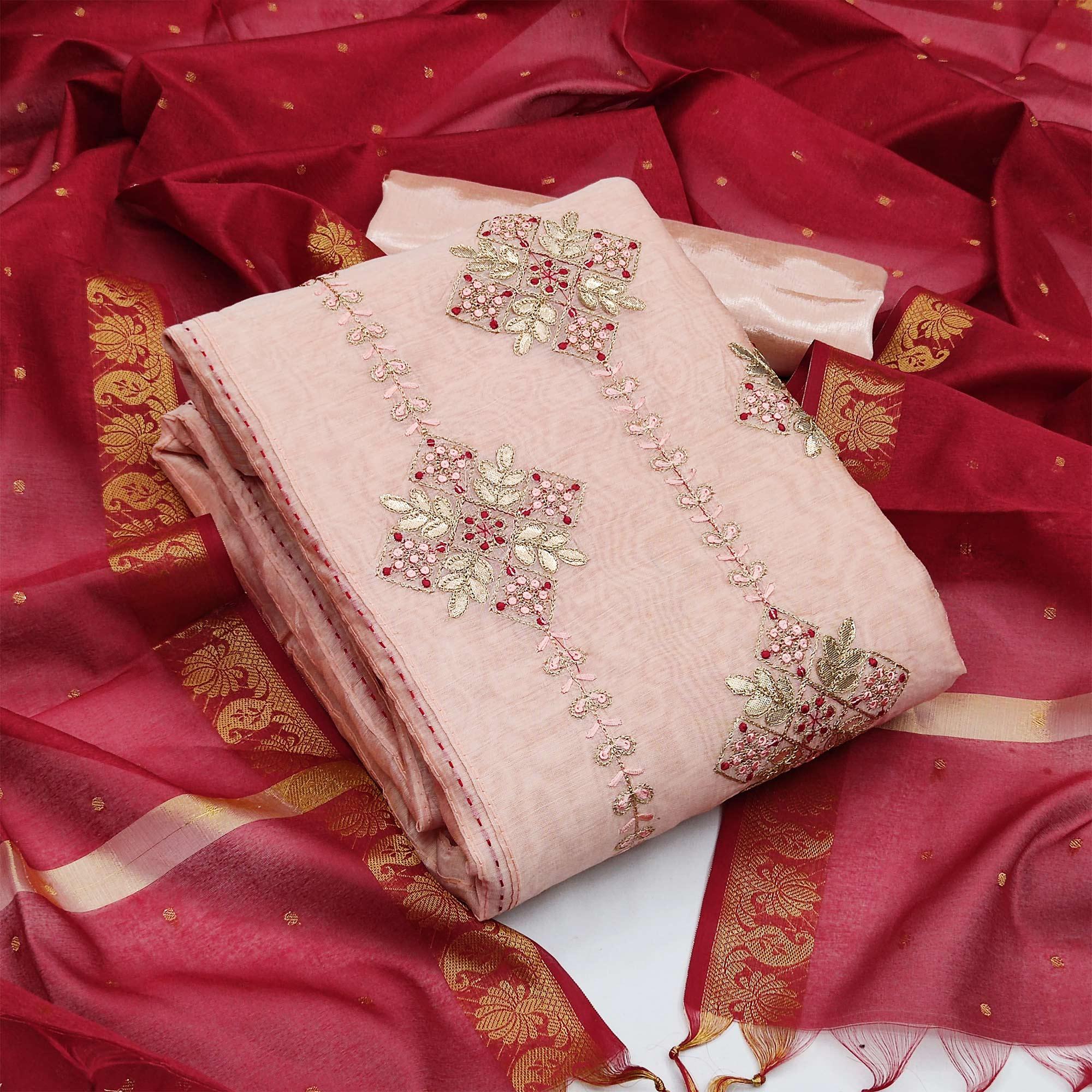 Peach Festive Wear Embroidered Chanderi Dress Material - Peachmode