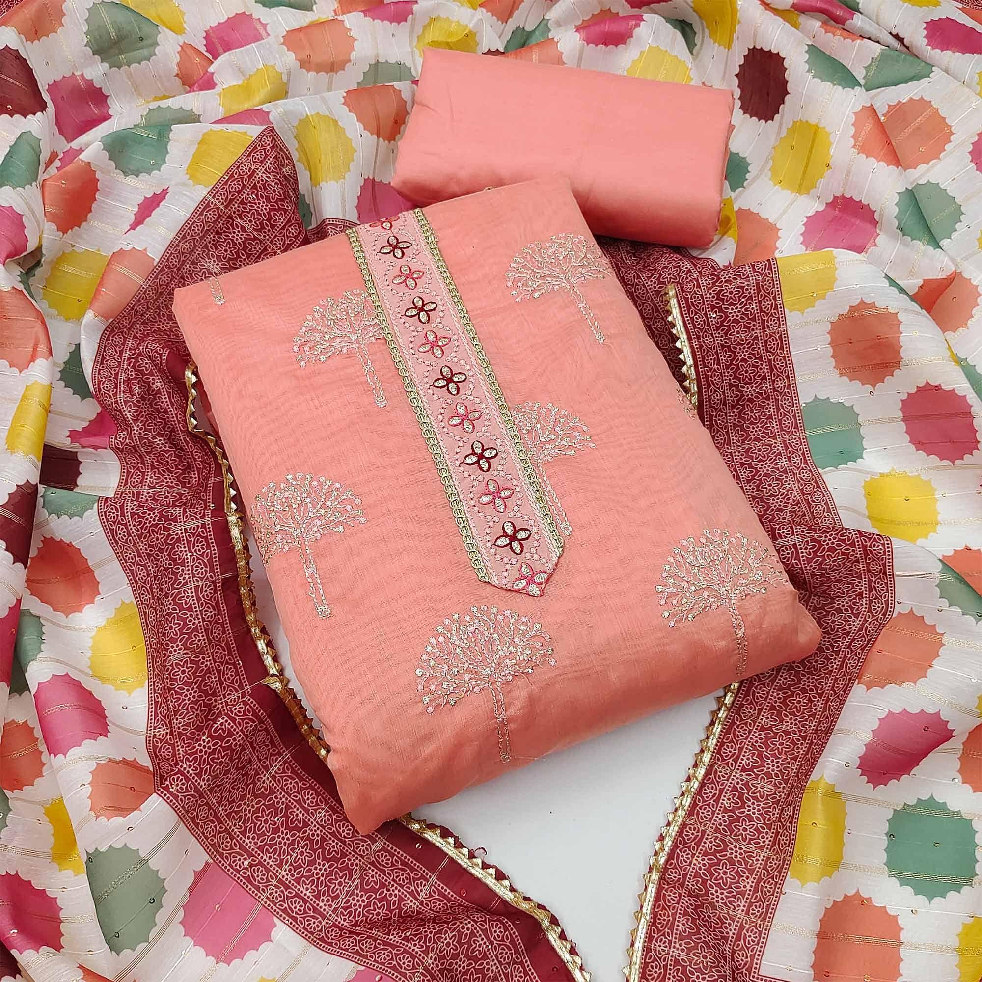 Peach Festive Wear Embroidered Chanderi Dress Material - Peachmode
