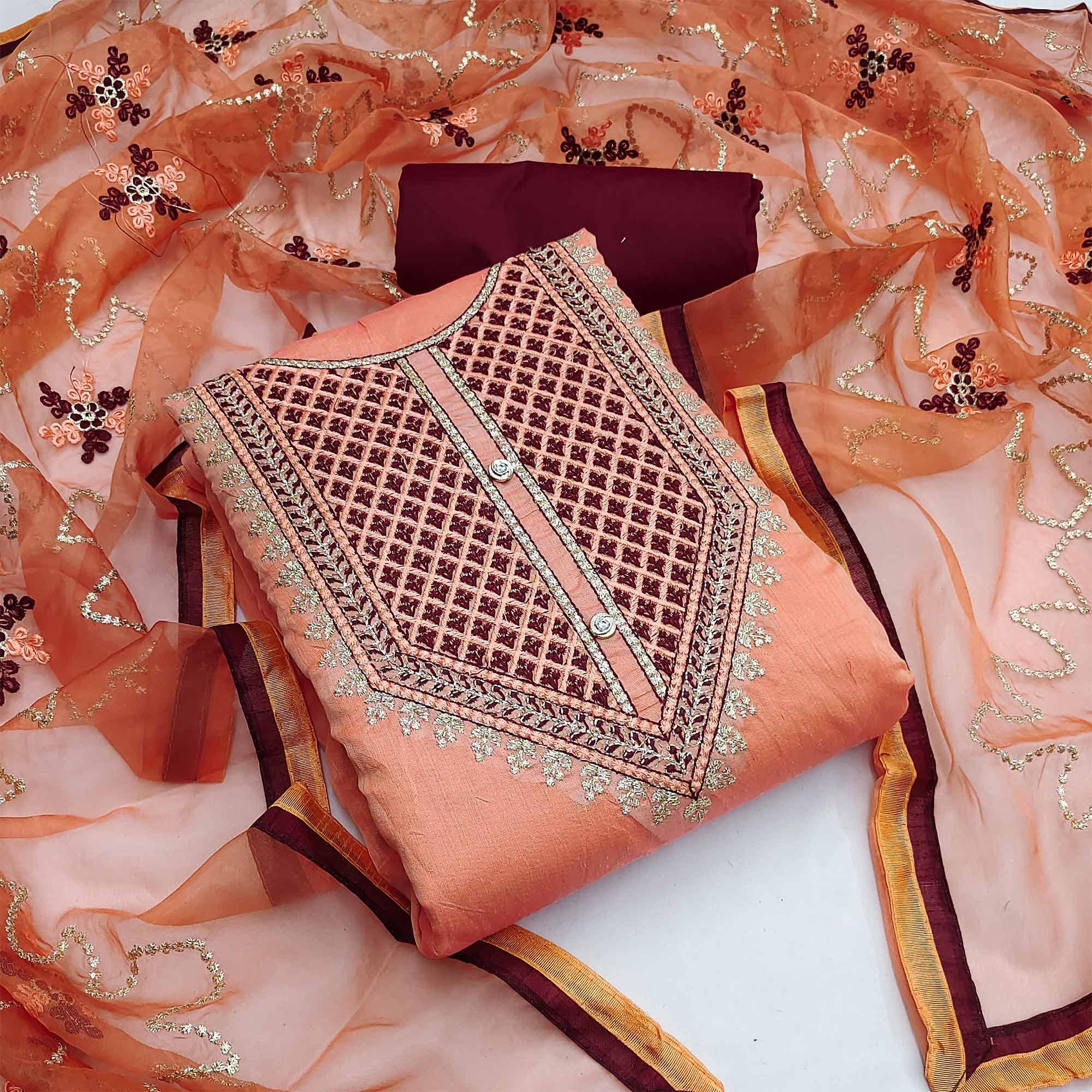 Peach Festive Wear Embroidered Chanderi Dress Material - Peachmode