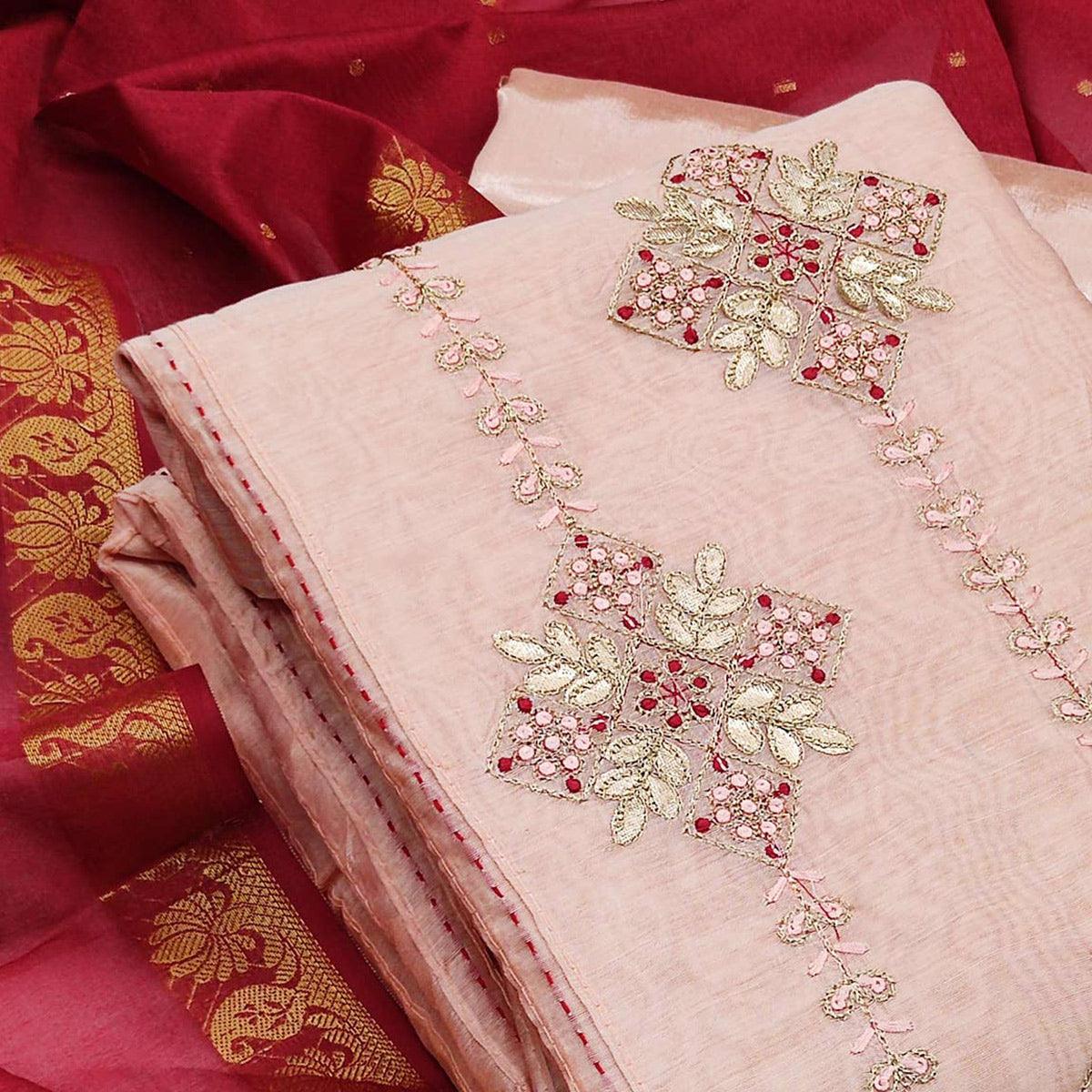 Peach Festive Wear Embroidered Chanderi Dress Material - Peachmode