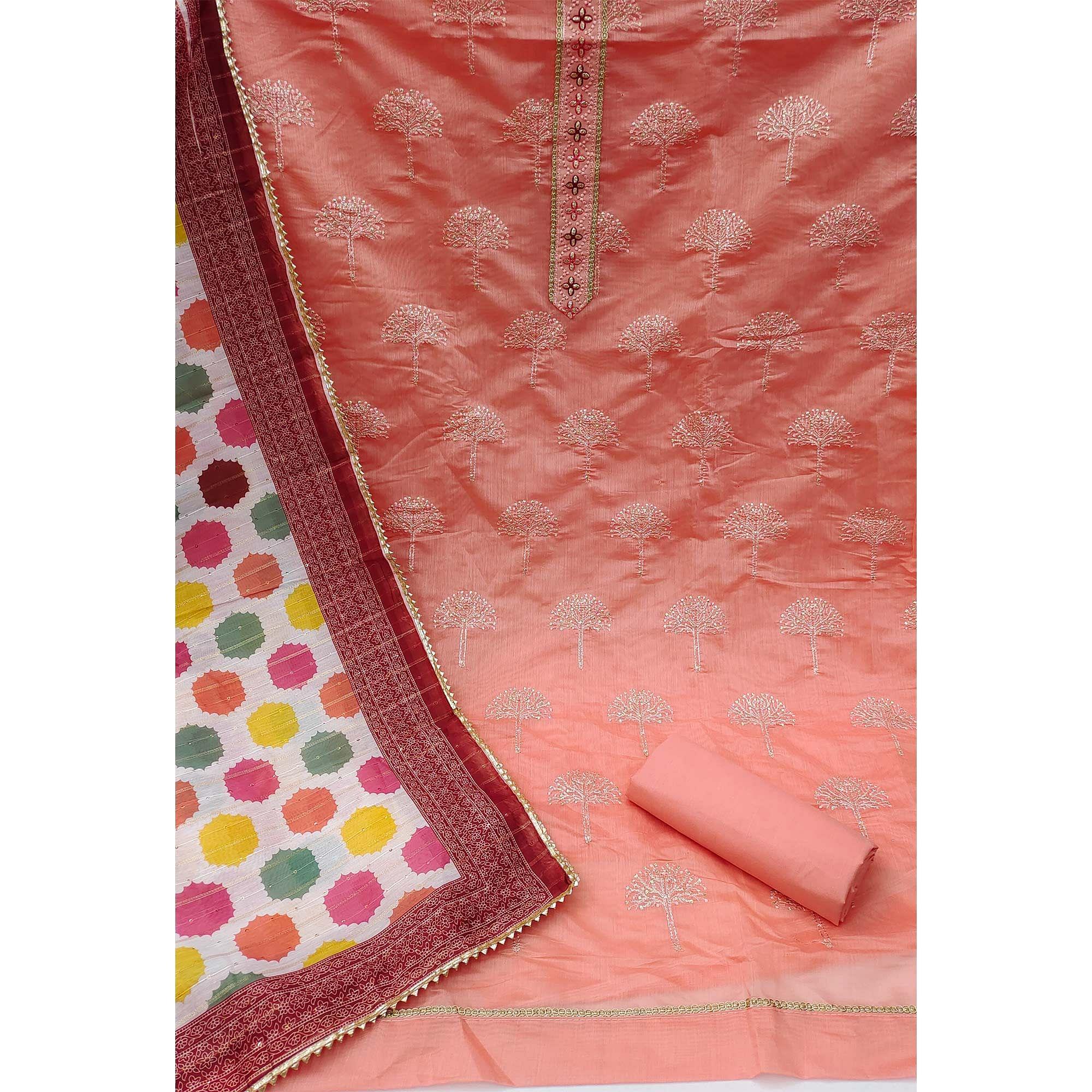 Peach Festive Wear Embroidered Chanderi Dress Material - Peachmode