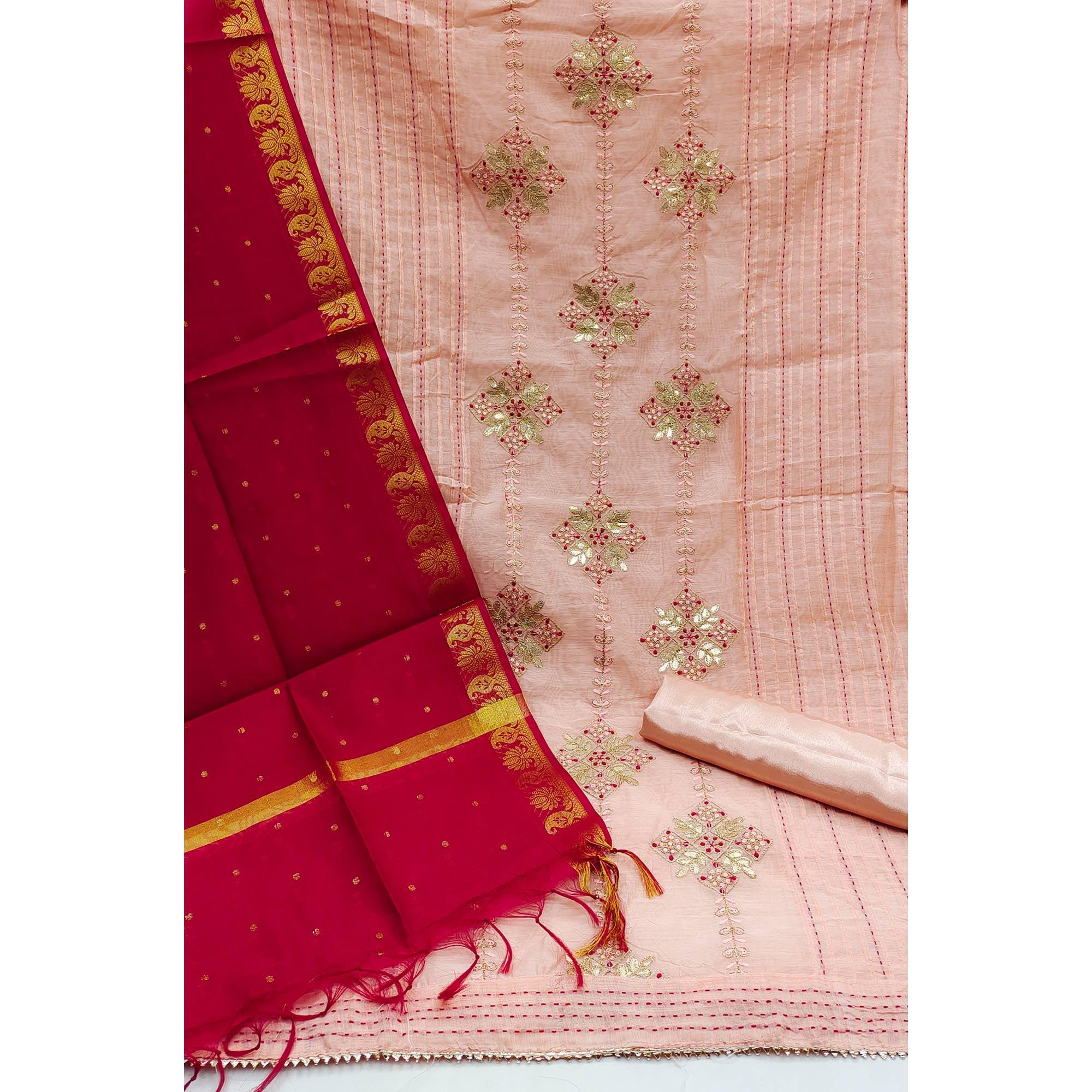 Peach Festive Wear Embroidered Chanderi Dress Material - Peachmode