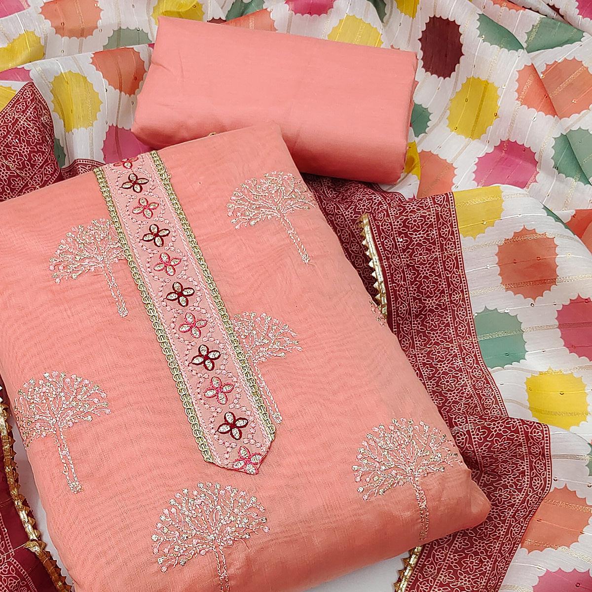 Peach Festive Wear Embroidered Chanderi Dress Material - Peachmode