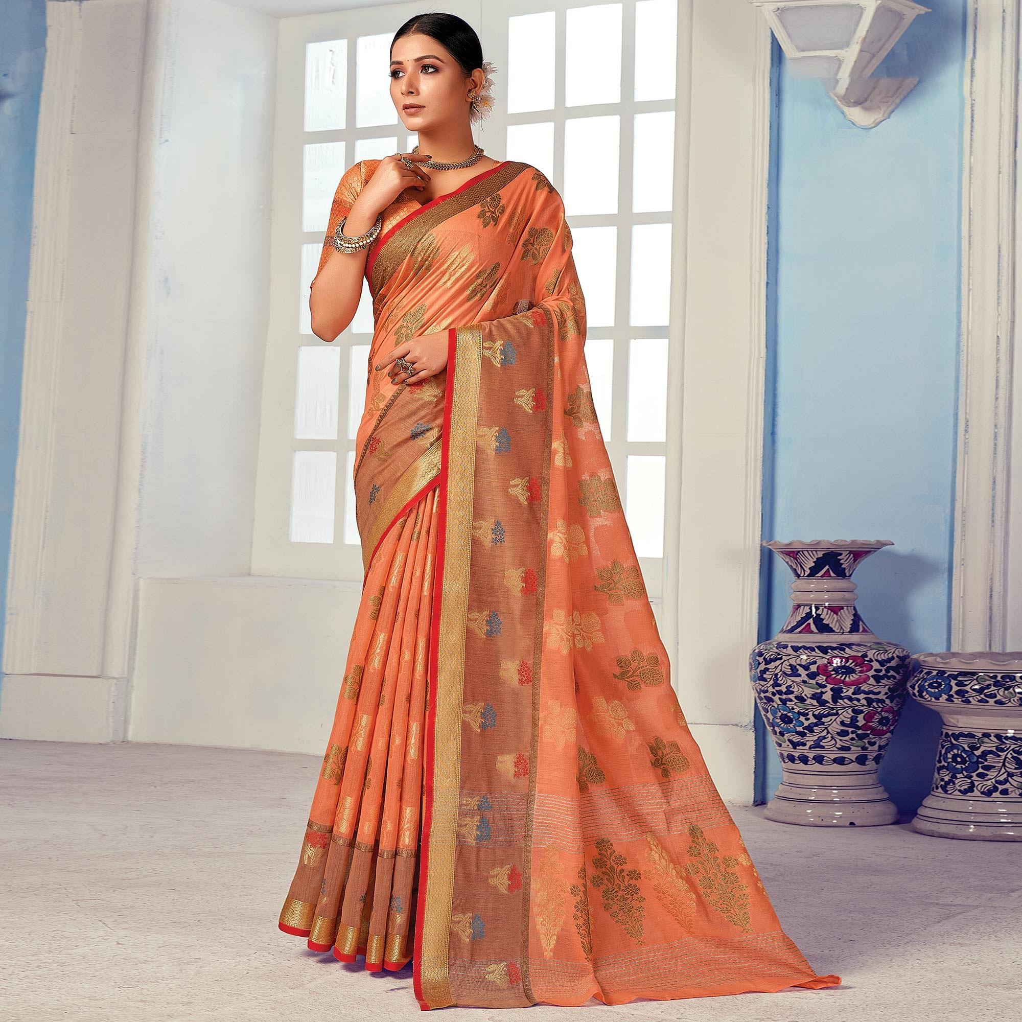 Peach Festive Wear Embroidered Cotton Handloom Saree - Peachmode