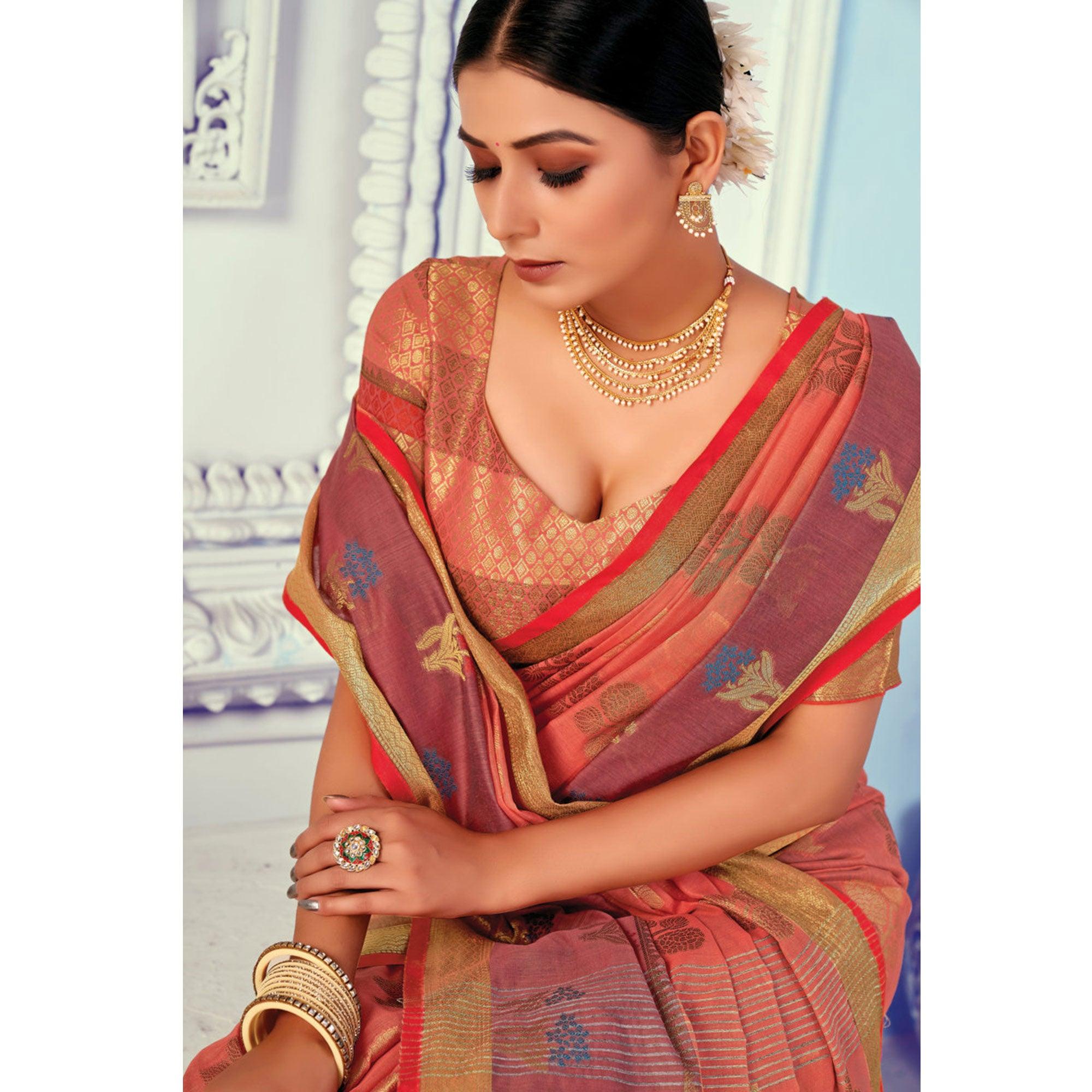 Peach Festive Wear Embroidered Cotton Handloom Saree - Peachmode
