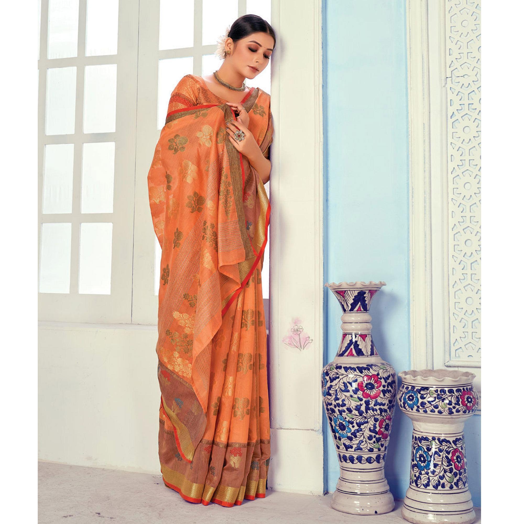 Peach Festive Wear Embroidered Cotton Handloom Saree - Peachmode