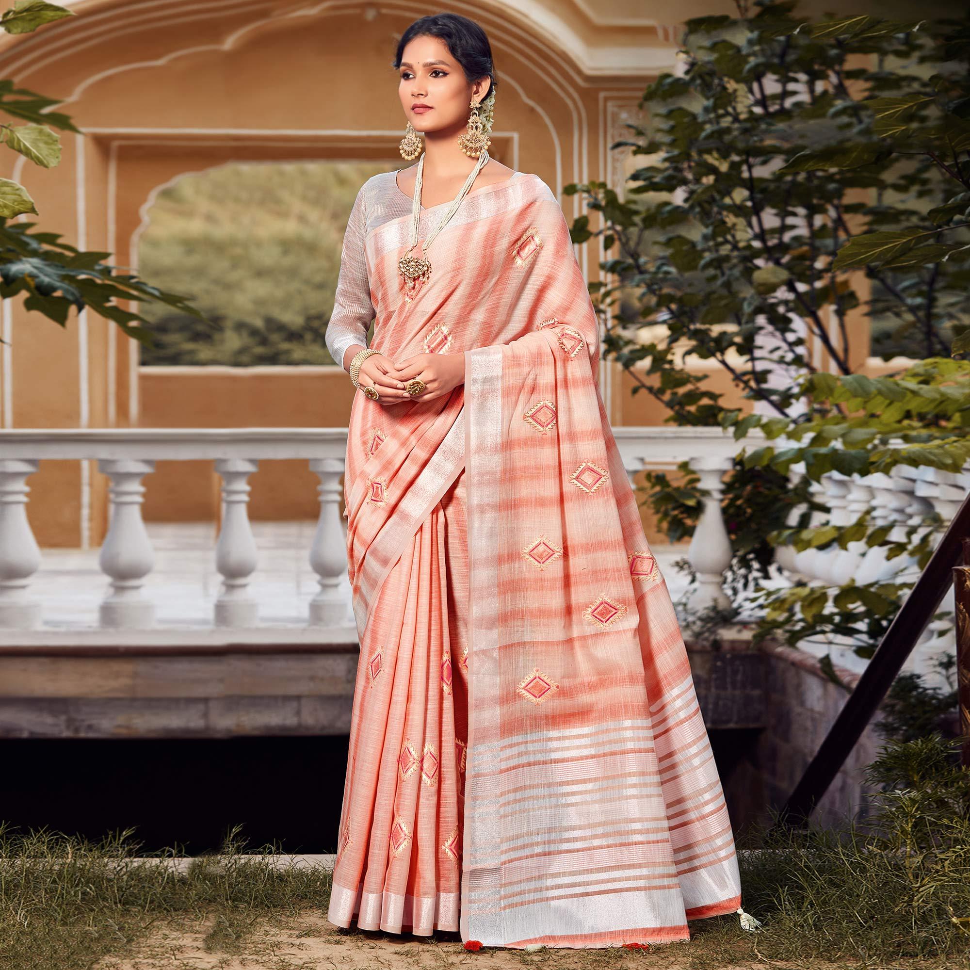 Peach Festive Wear Embroidered Linen Saree - Peachmode