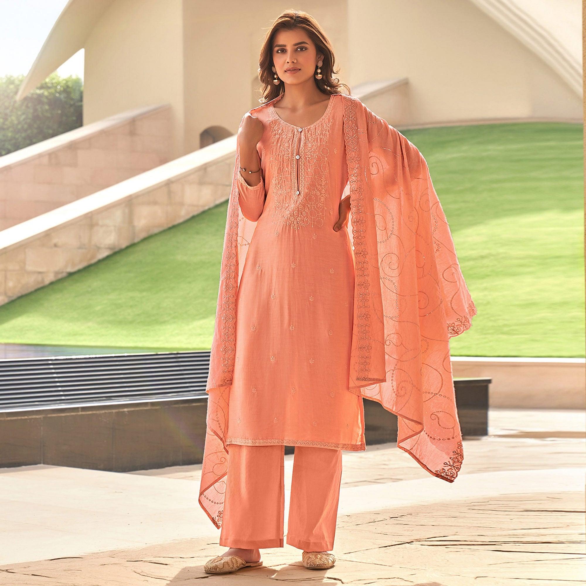 Peach Festive Wear Embroidered Muslin Palazzo Suit - Peachmode