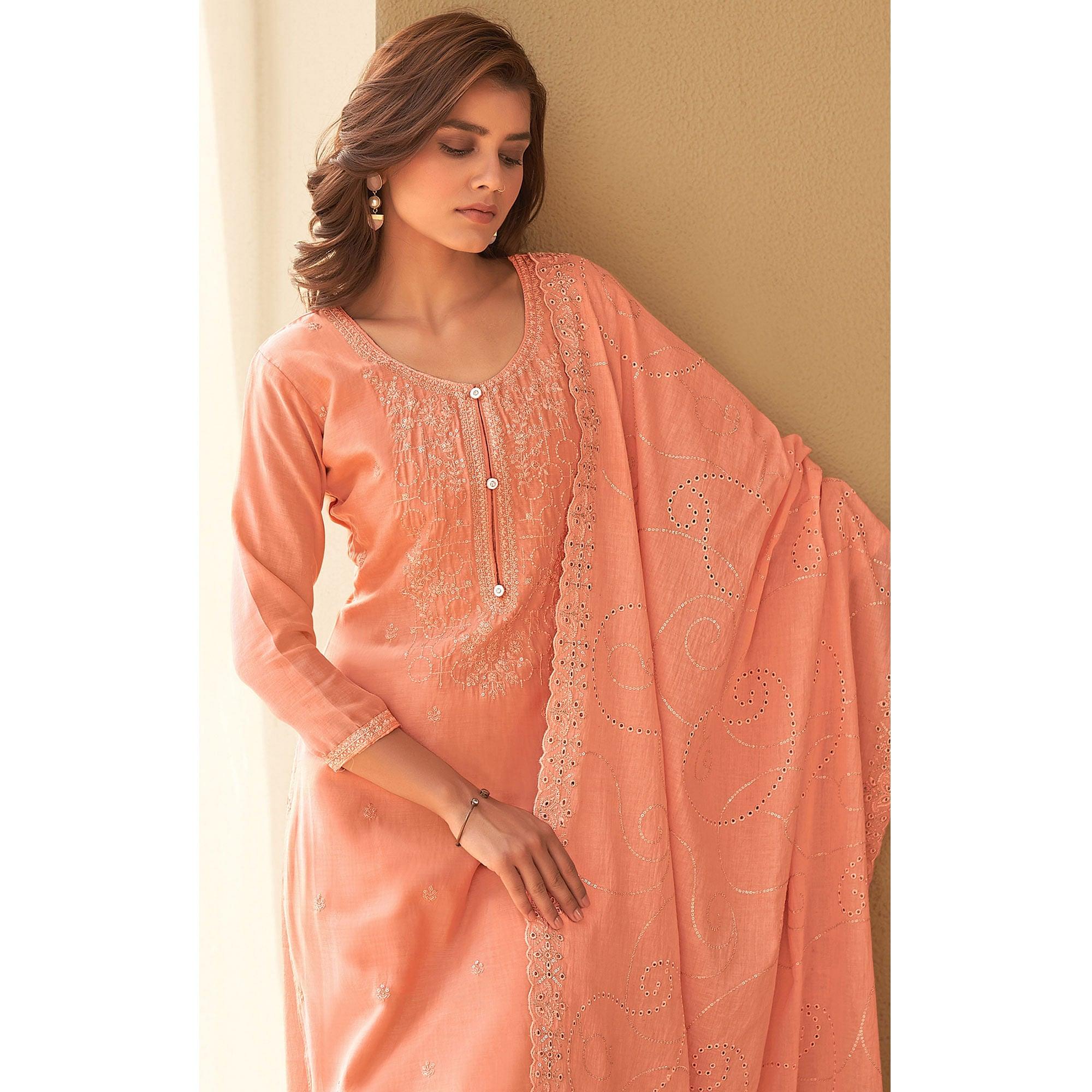 Peach Festive Wear Embroidered Muslin Palazzo Suit - Peachmode