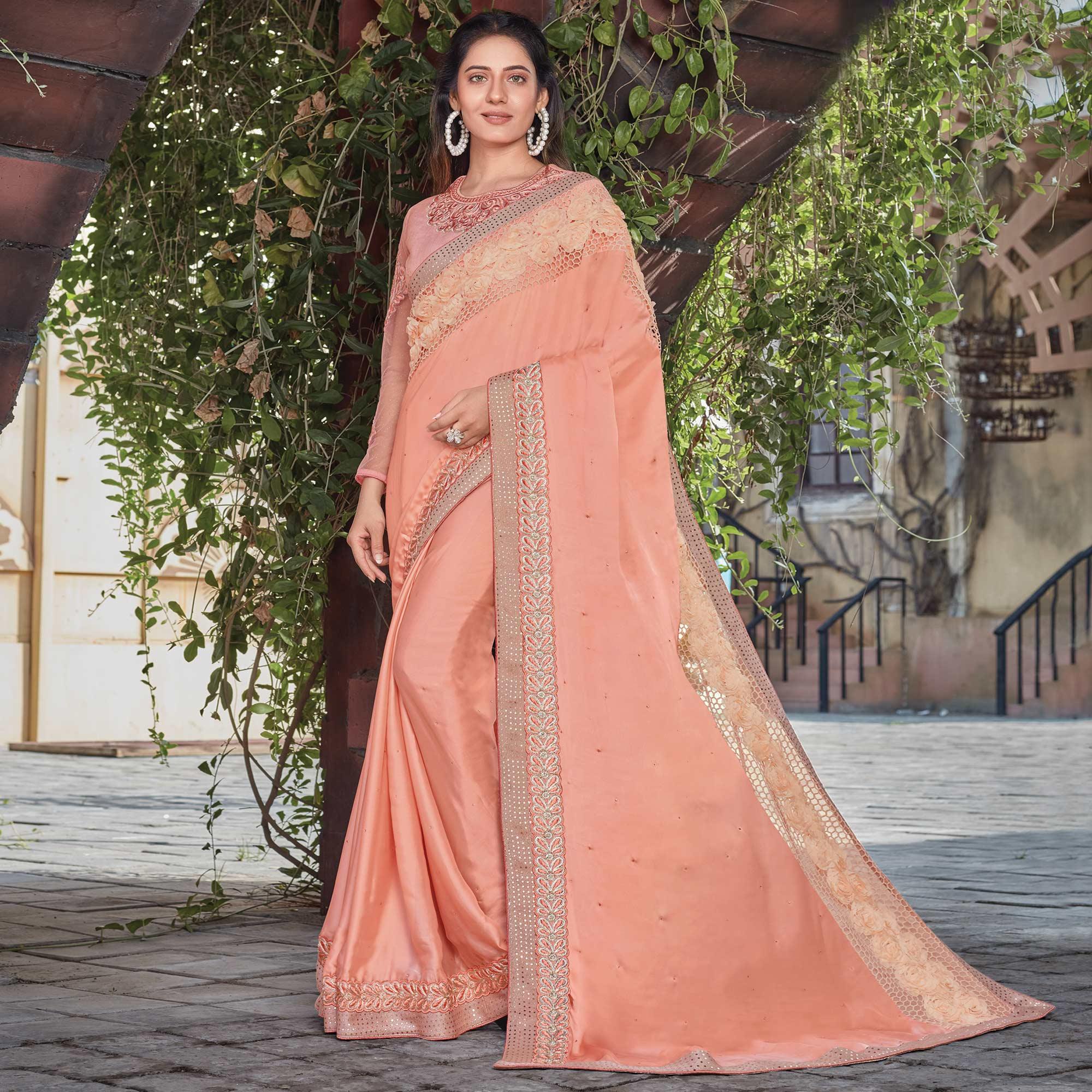 Peach Festive Wear Embroidered Satin Silk Saree - Peachmode