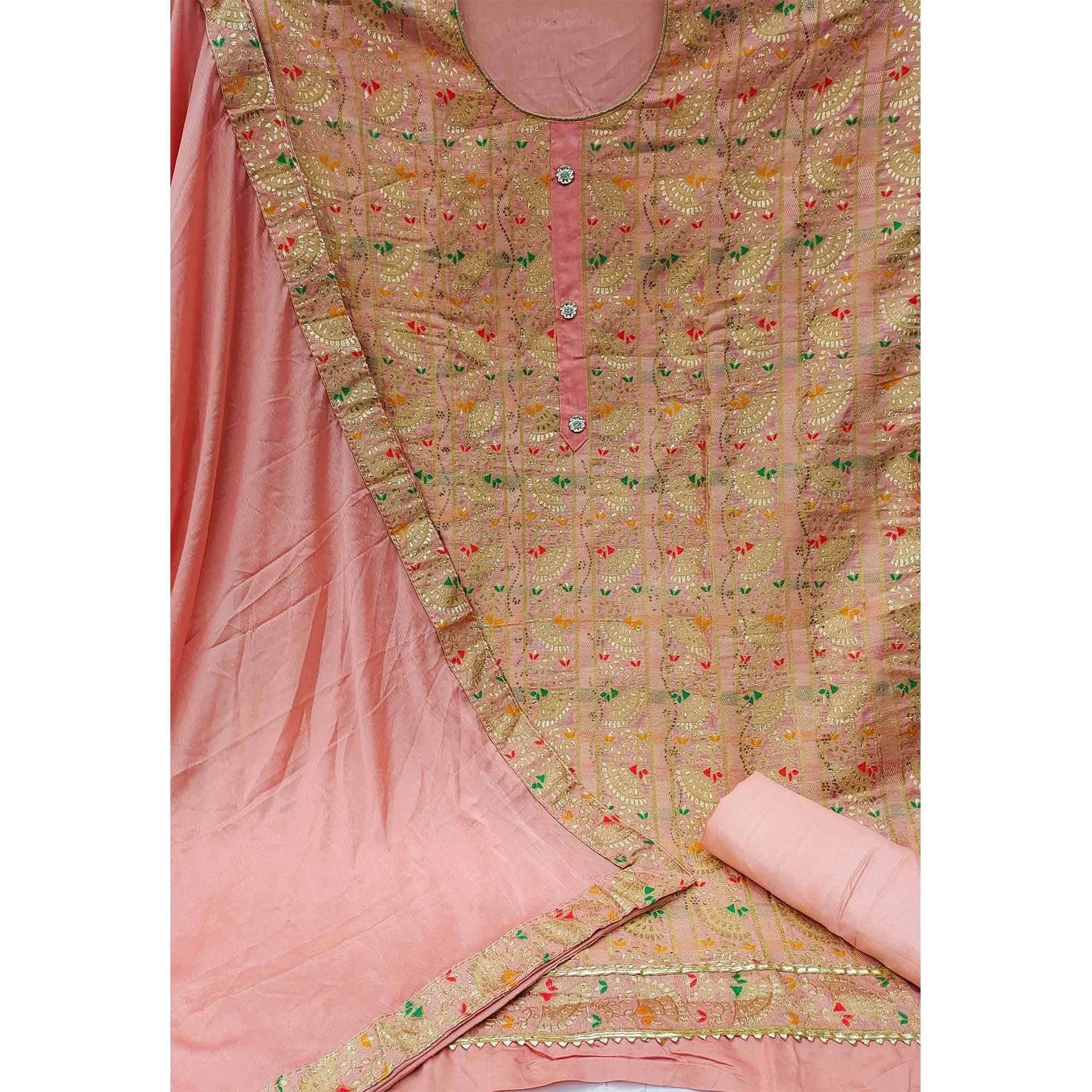 Peach Festive Wear Embroidered Tapetta Dress Material - Peachmode