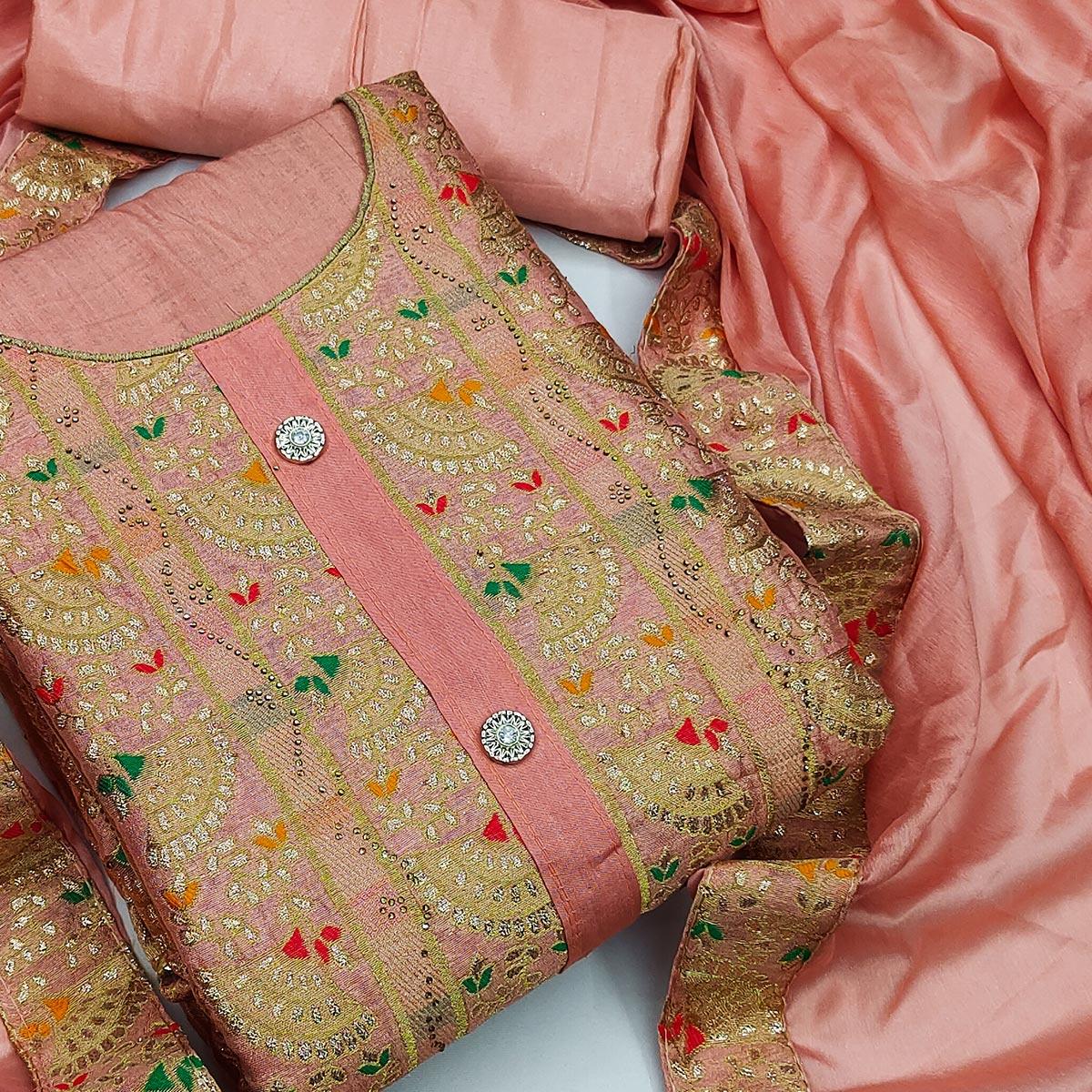Peach Festive Wear Embroidered Tapetta Dress Material - Peachmode