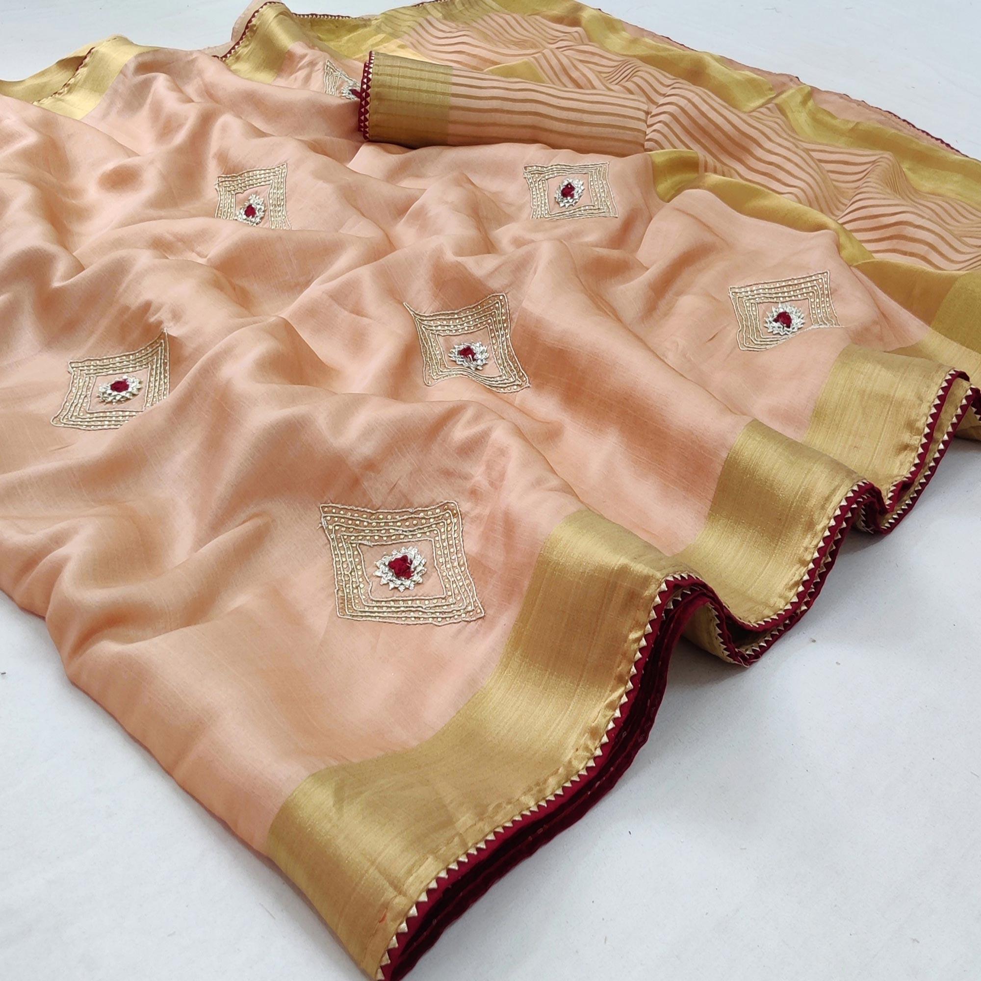 Peach Festive Wear Embroidered With Woven Soft Silk Saree - Peachmode