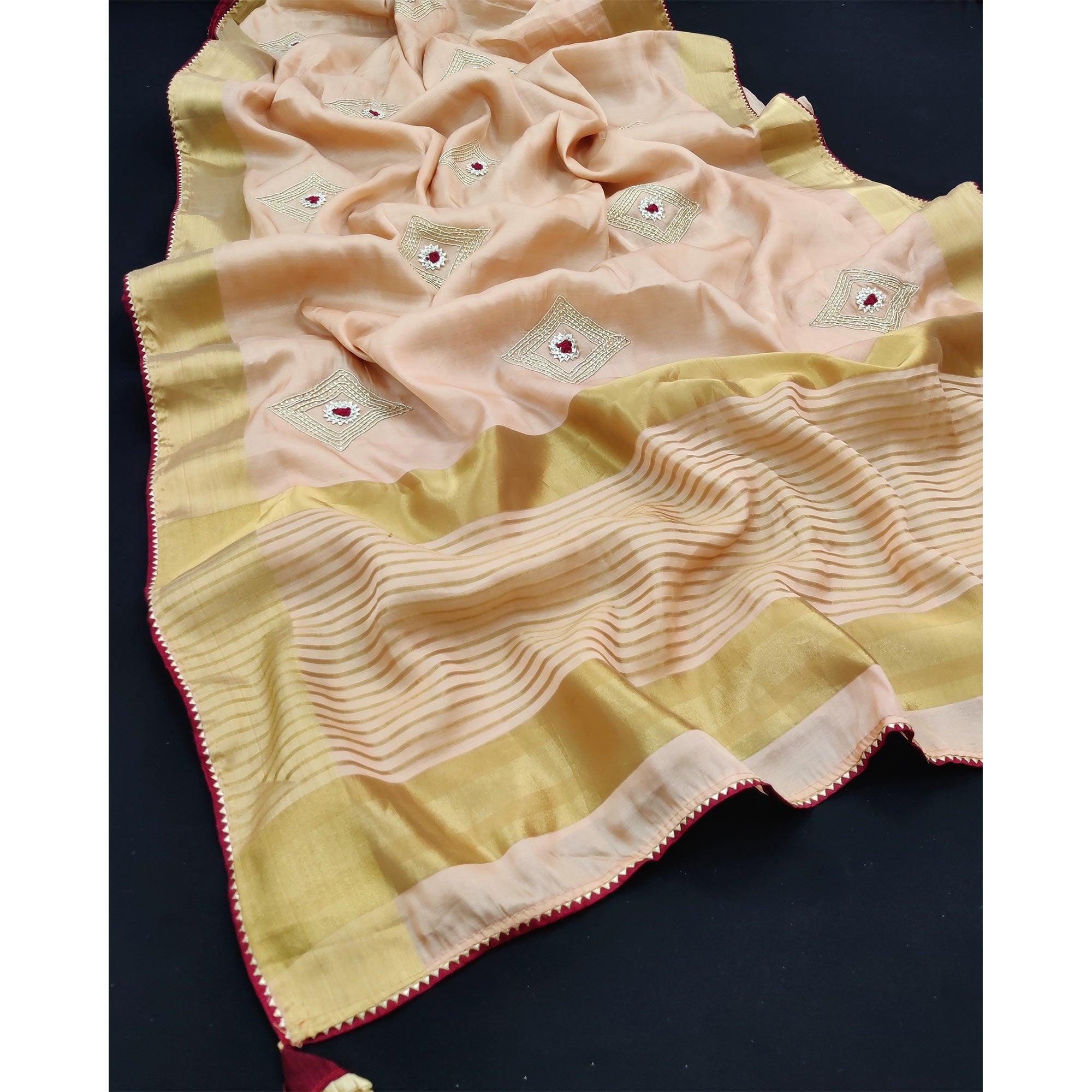 Peach Festive Wear Embroidered With Woven Soft Silk Saree - Peachmode