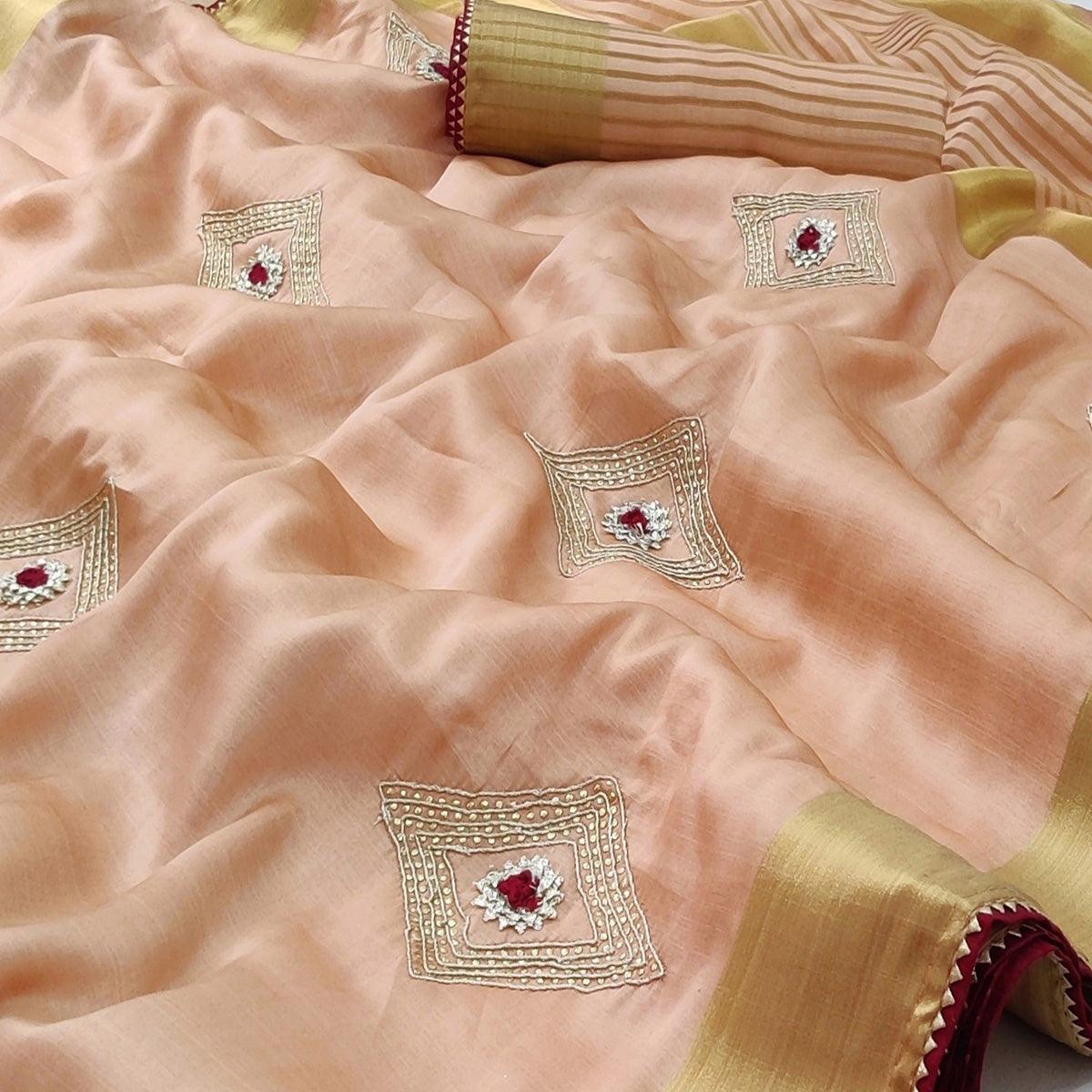 Peach Festive Wear Embroidered With Woven Soft Silk Saree - Peachmode