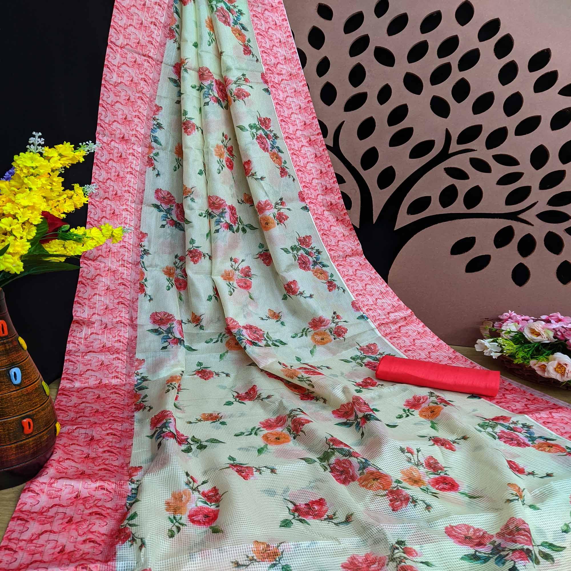 Peach Festive Wear Floral Digital Print With Woven Border Silk Saree - Peachmode