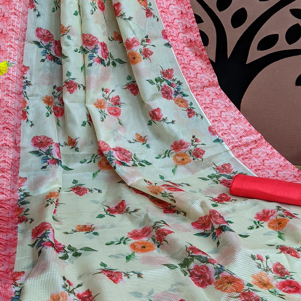 Peach Festive Wear Floral Digital Print With Woven Border Silk Saree - Peachmode