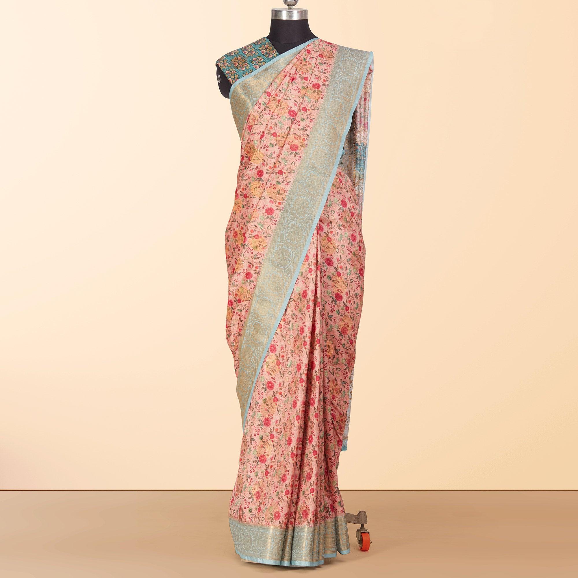 Peach Festive Wear Floral Digital Printed Woven Silk Saree - Peachmode