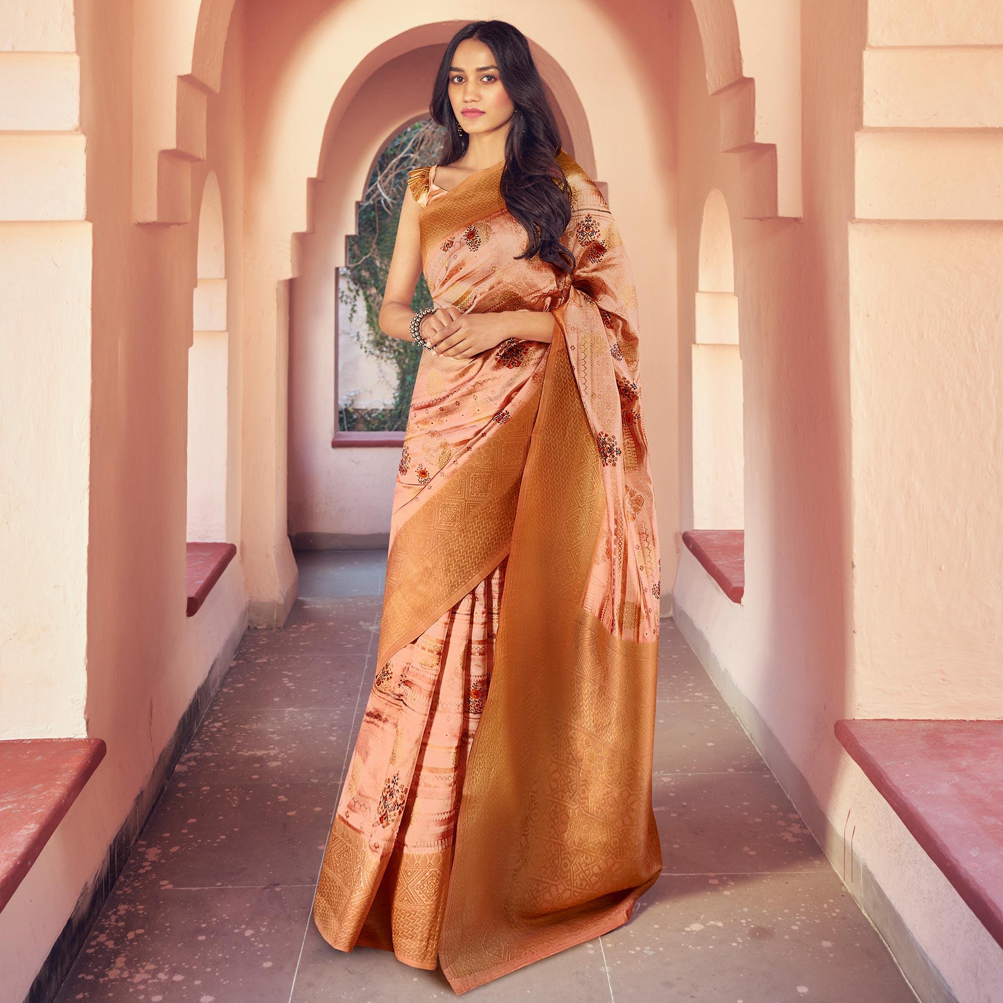 Peach Festive Wear Floral Digital Printed Woven Silk Saree - Peachmode