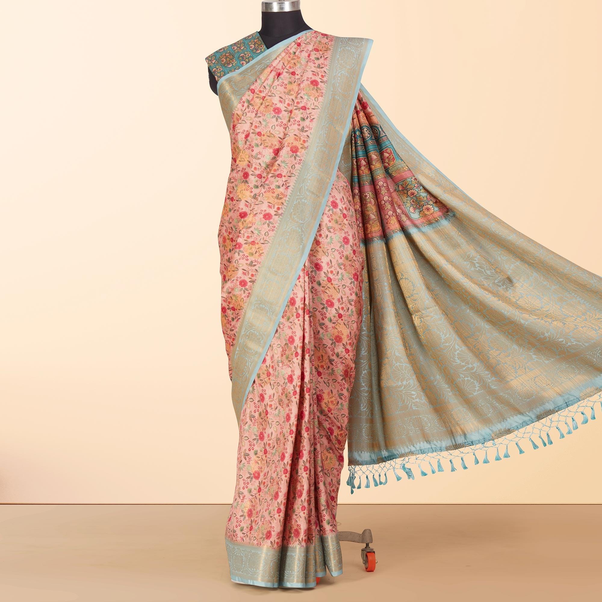 Peach Festive Wear Floral Digital Printed Woven Silk Saree - Peachmode